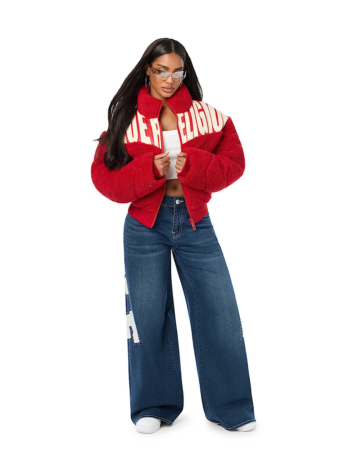 FAUX LEATHER YOKE SHERPA PUFFER JACKET