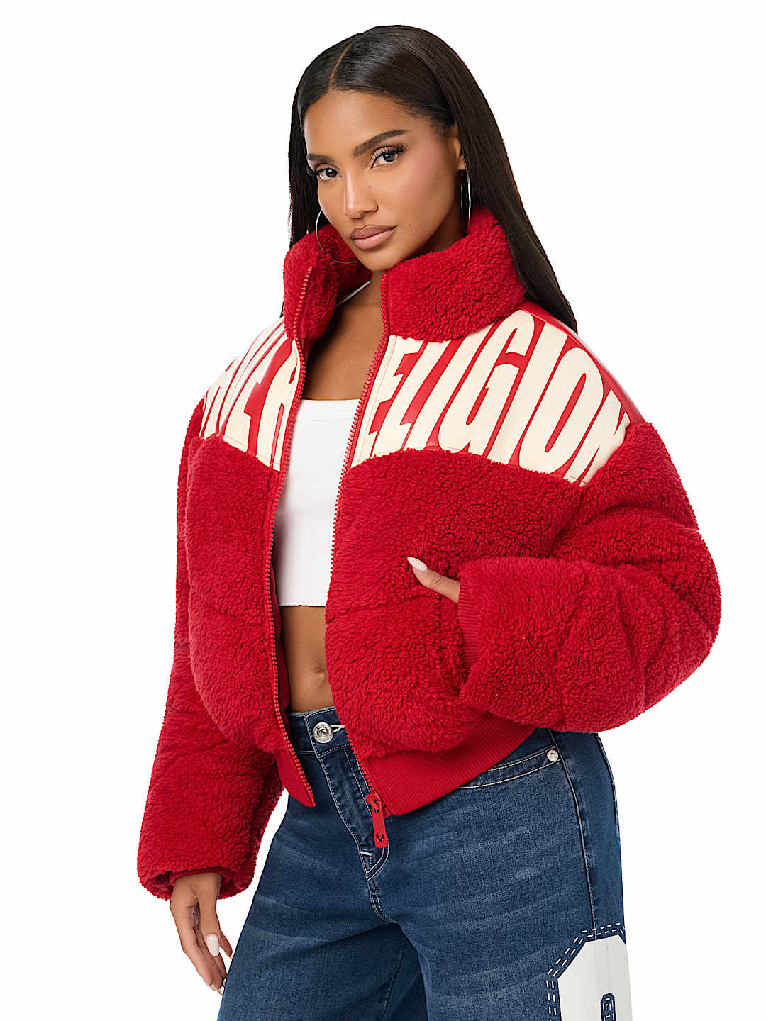 FAUX LEATHER YOKE SHERPA PUFFER JACKET