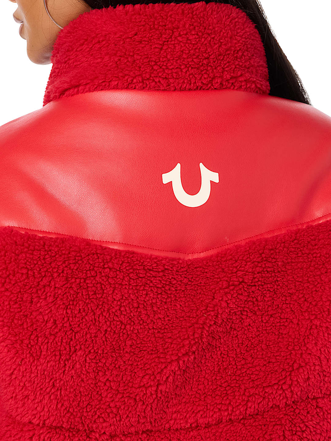 FAUX LEATHER YOKE SHERPA PUFFER JACKET