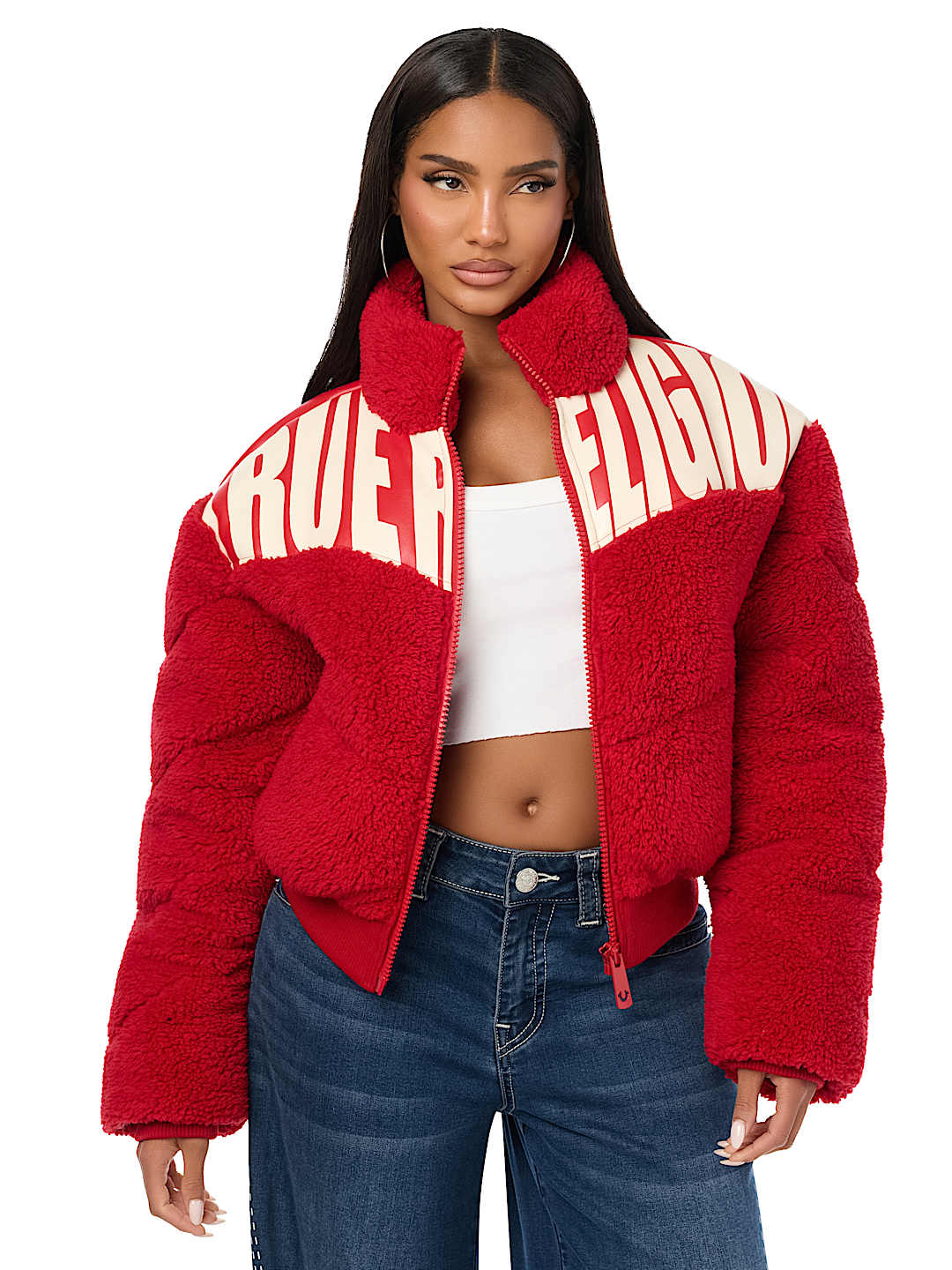 FAUX LEATHER YOKE SHERPA PUFFER JACKET