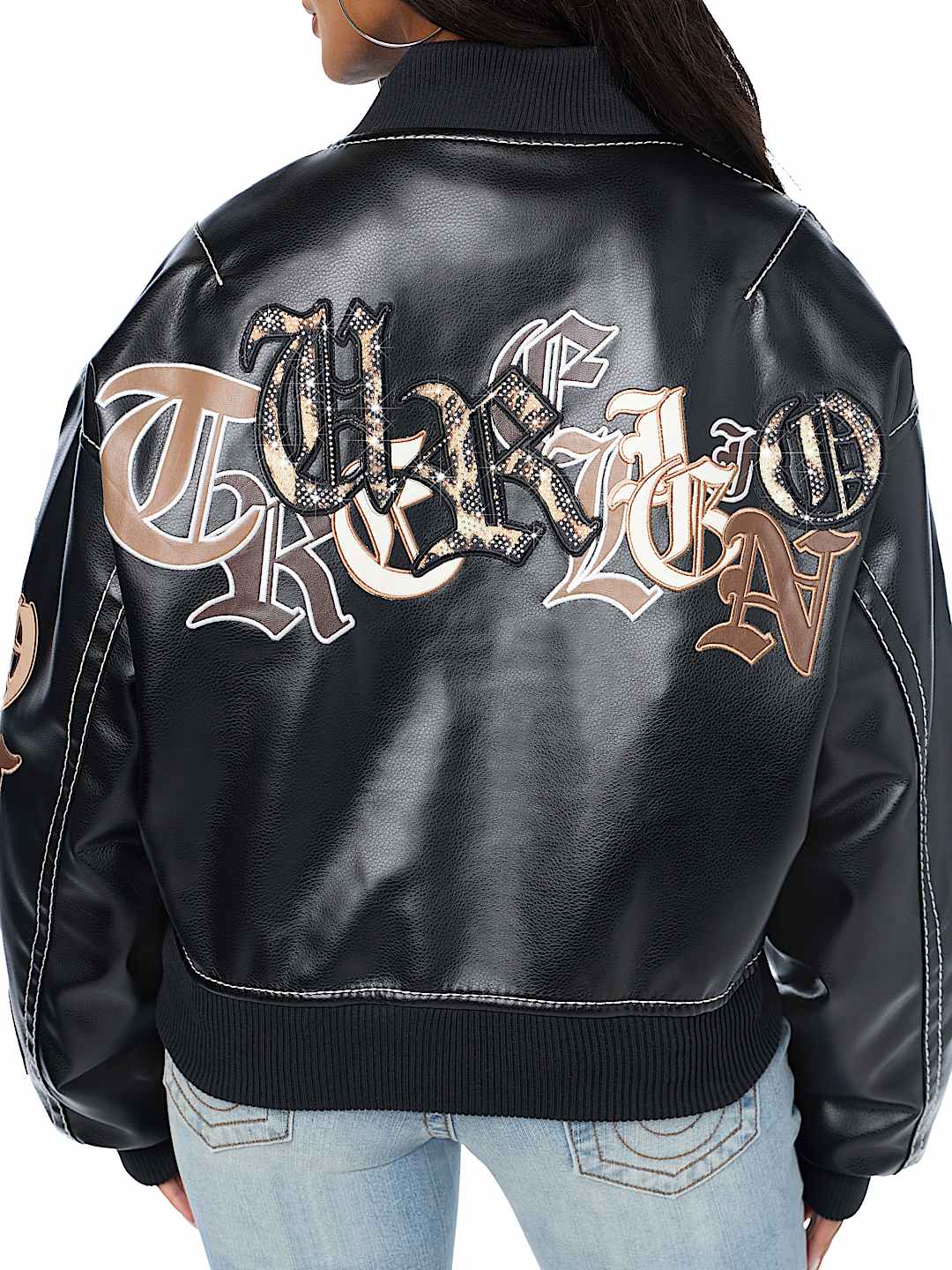 BIG T APPLIQU&Eacute; TRUCKER RELAXED BOMBER JACKET