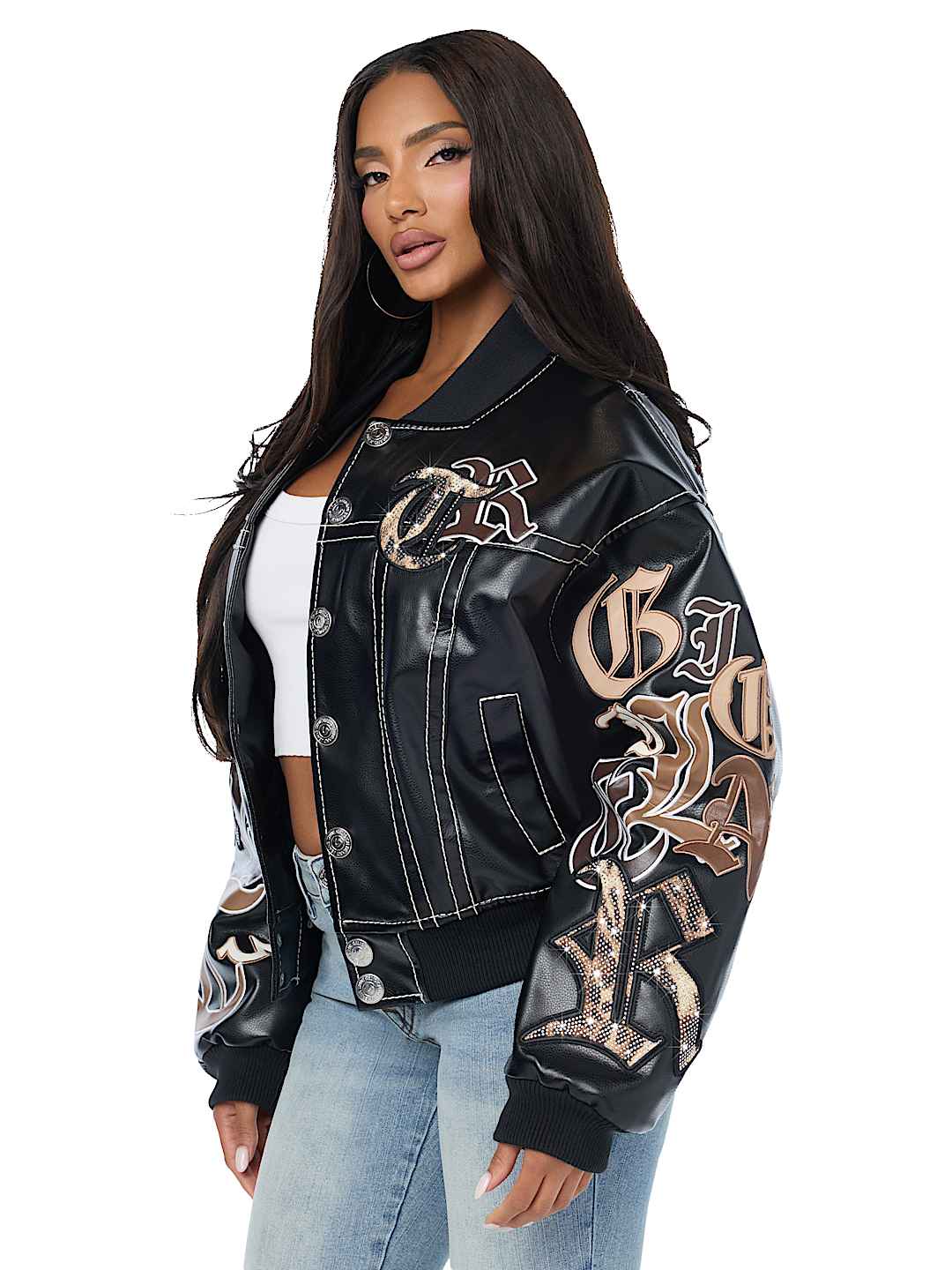 BIG T APPLIQU&Eacute; TRUCKER RELAXED BOMBER JACKET