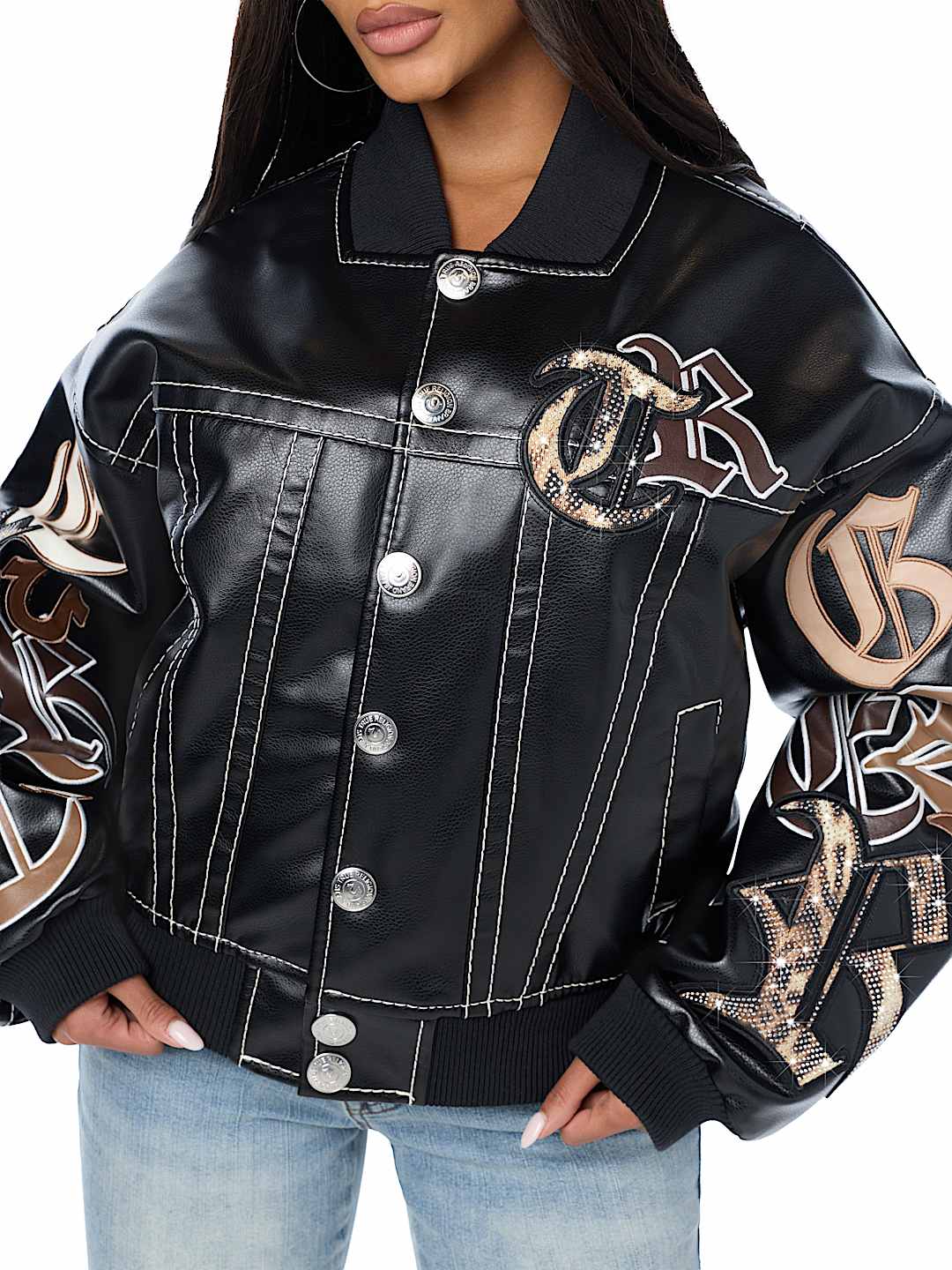 BIG T APPLIQU&Eacute; TRUCKER RELAXED BOMBER JACKET