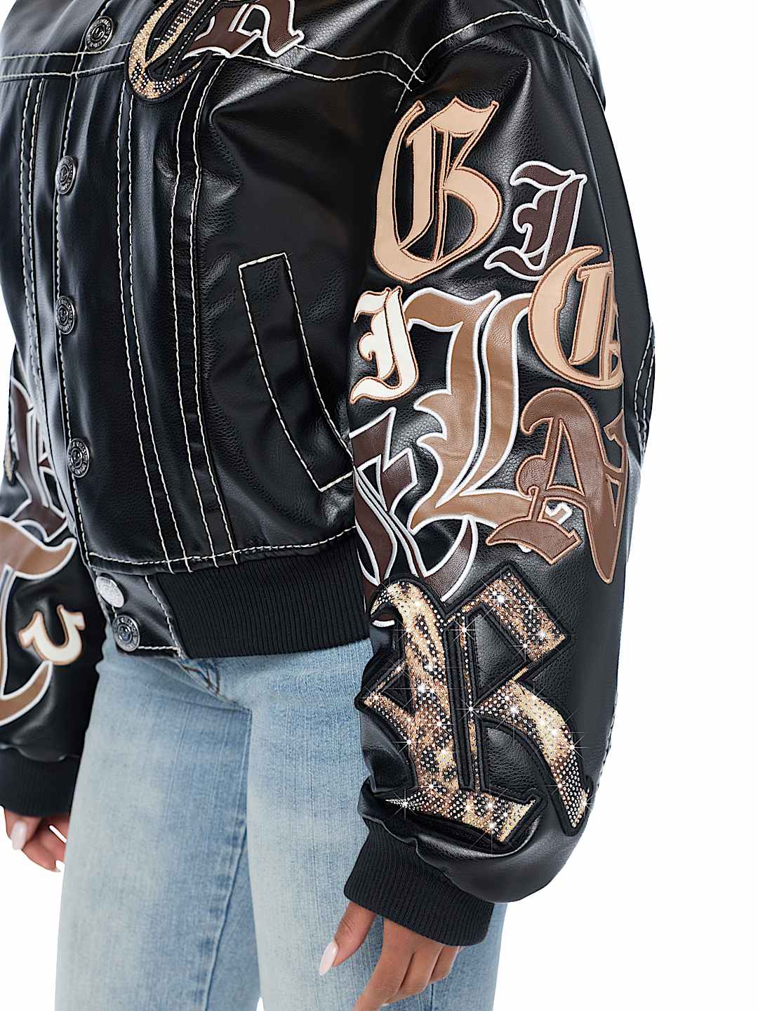 BIG T APPLIQU&Eacute; TRUCKER RELAXED BOMBER JACKET