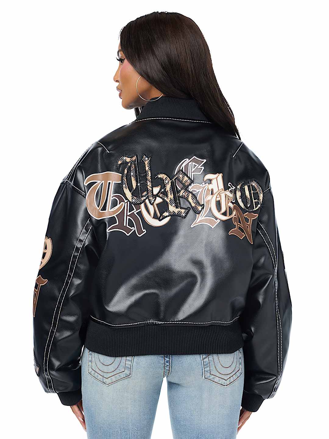 BIG T APPLIQU&Eacute; TRUCKER RELAXED BOMBER JACKET