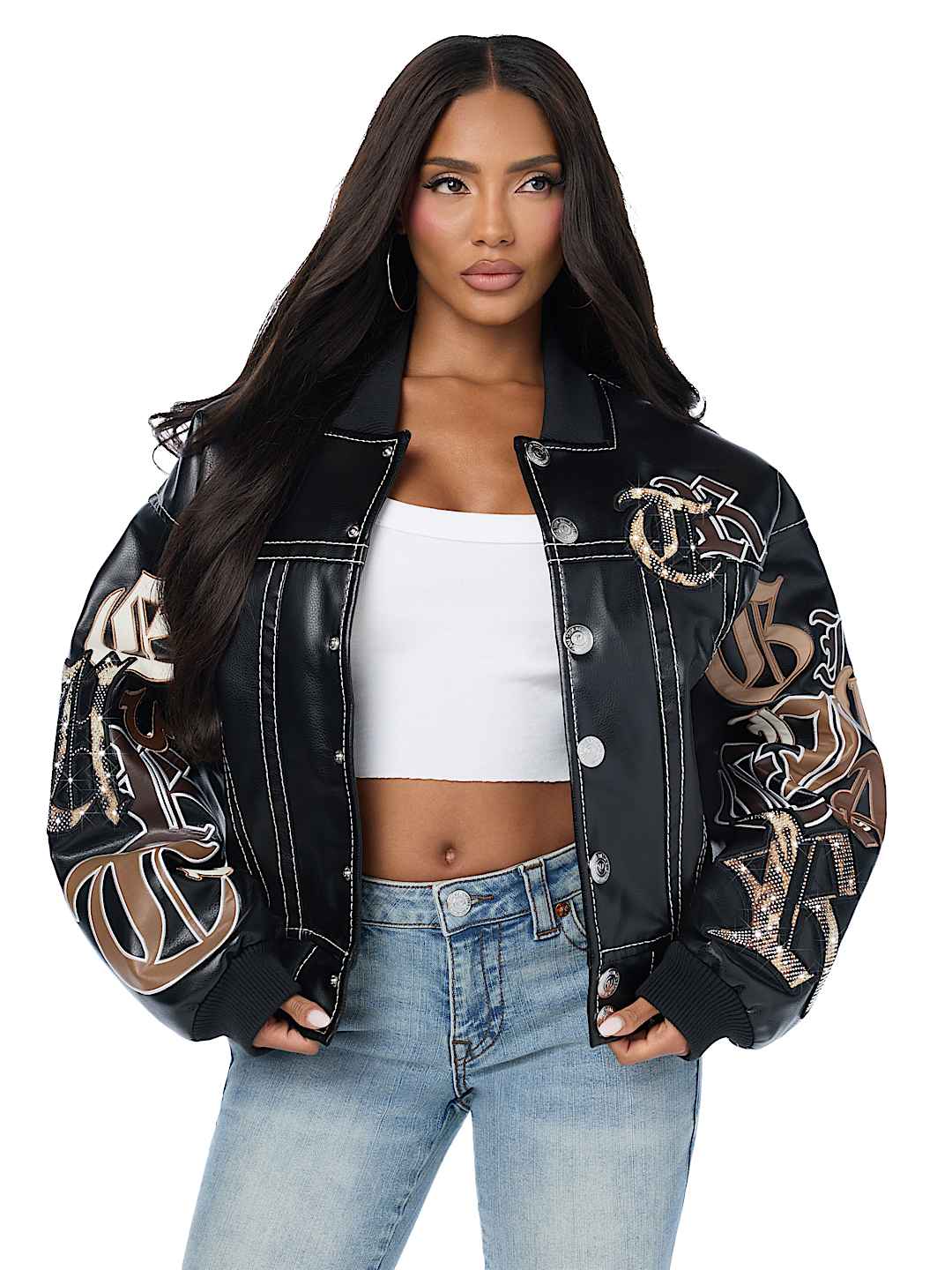 BIG T APPLIQU&Eacute; TRUCKER RELAXED BOMBER JACKET