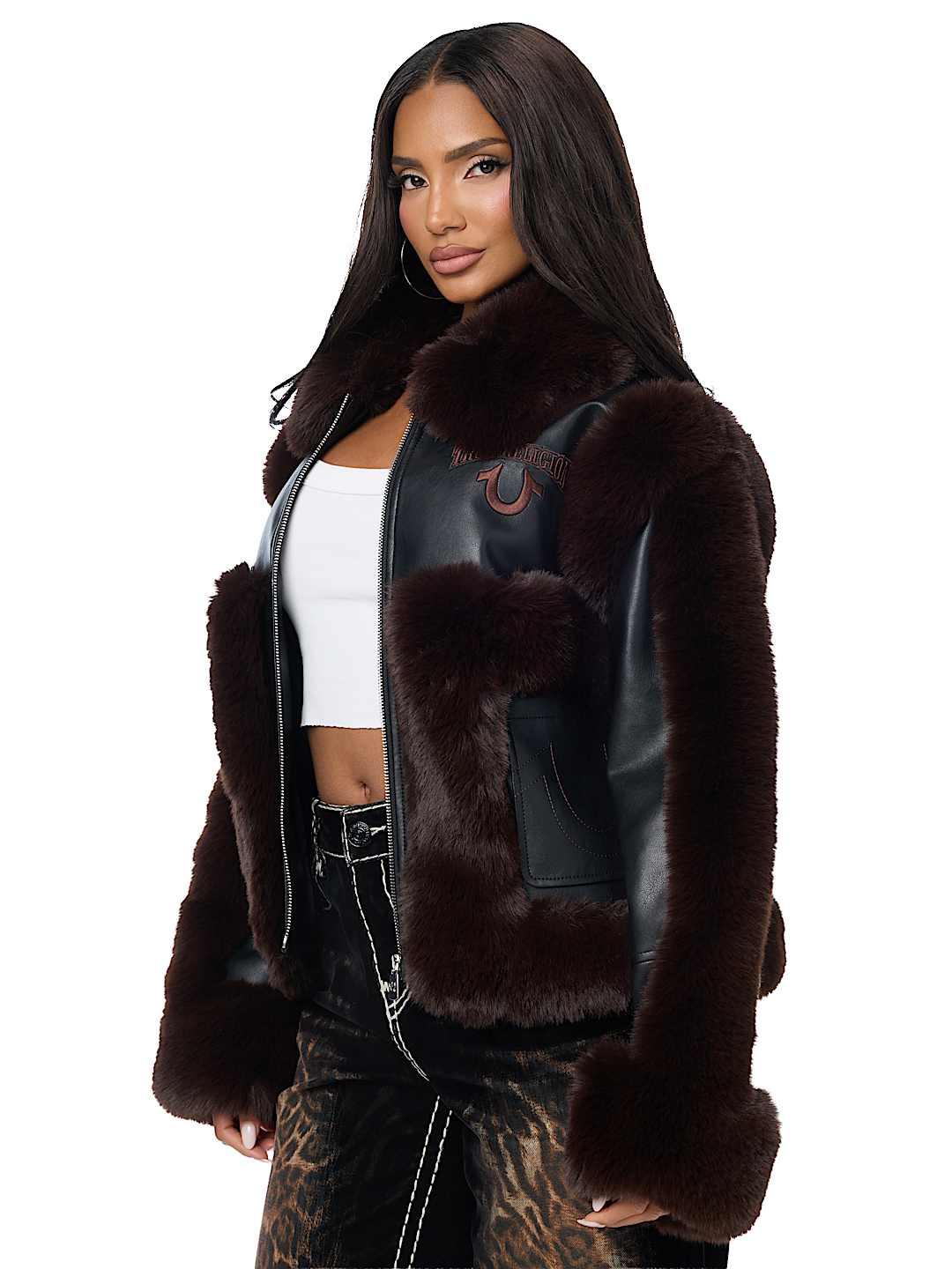 EMBROIDERED HORSESHOE FAUX LEATHER FUR JACKET