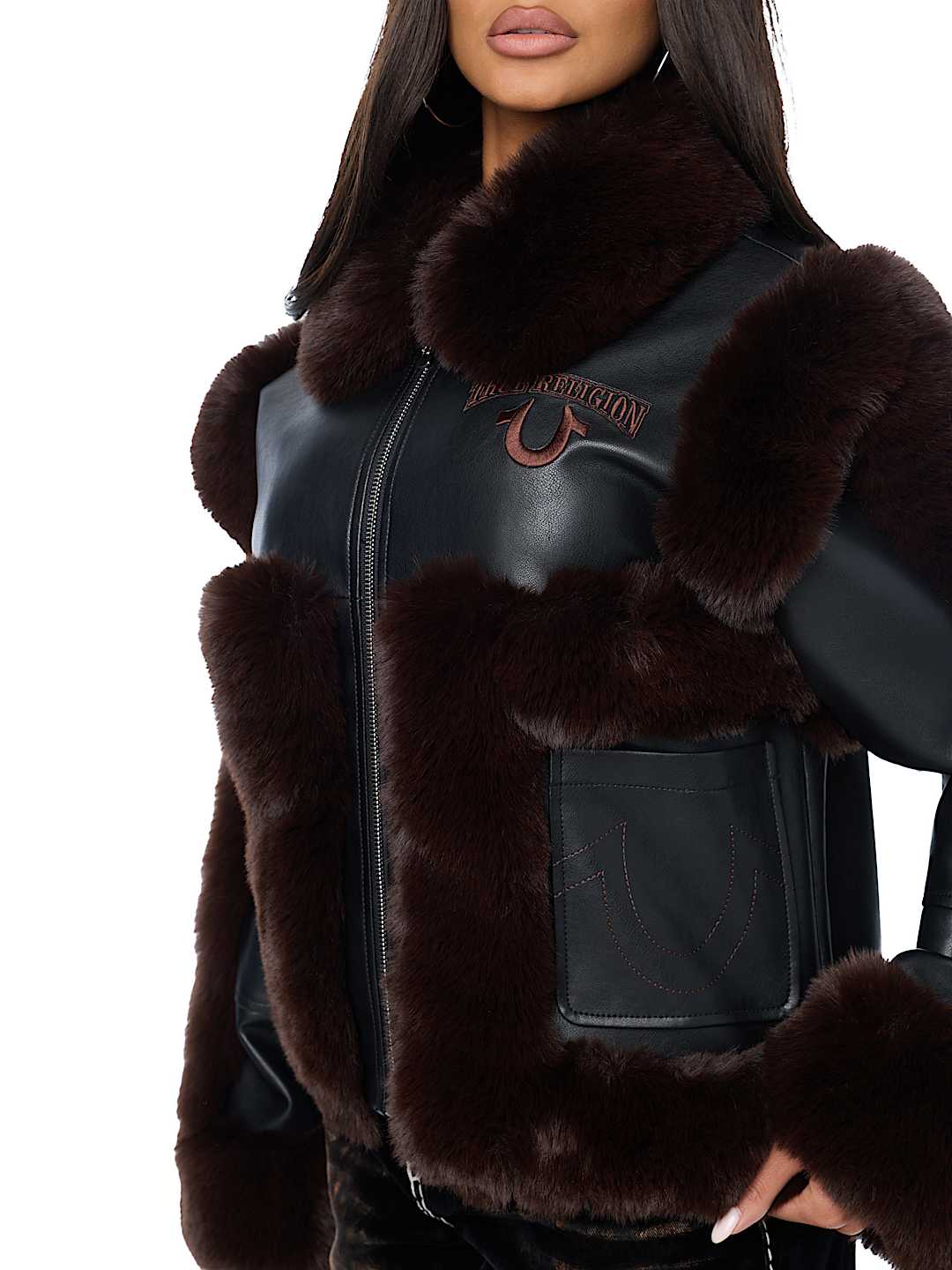 EMBROIDERED HORSESHOE FAUX LEATHER FUR JACKET