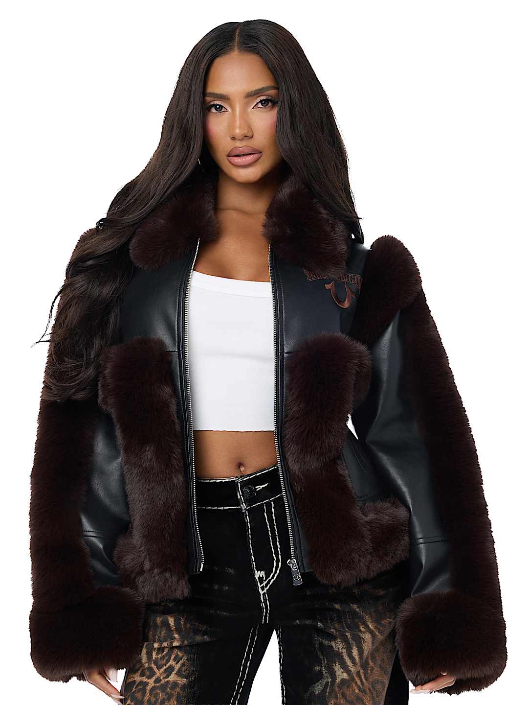 EMBROIDERED HORSESHOE FAUX LEATHER FUR JACKET