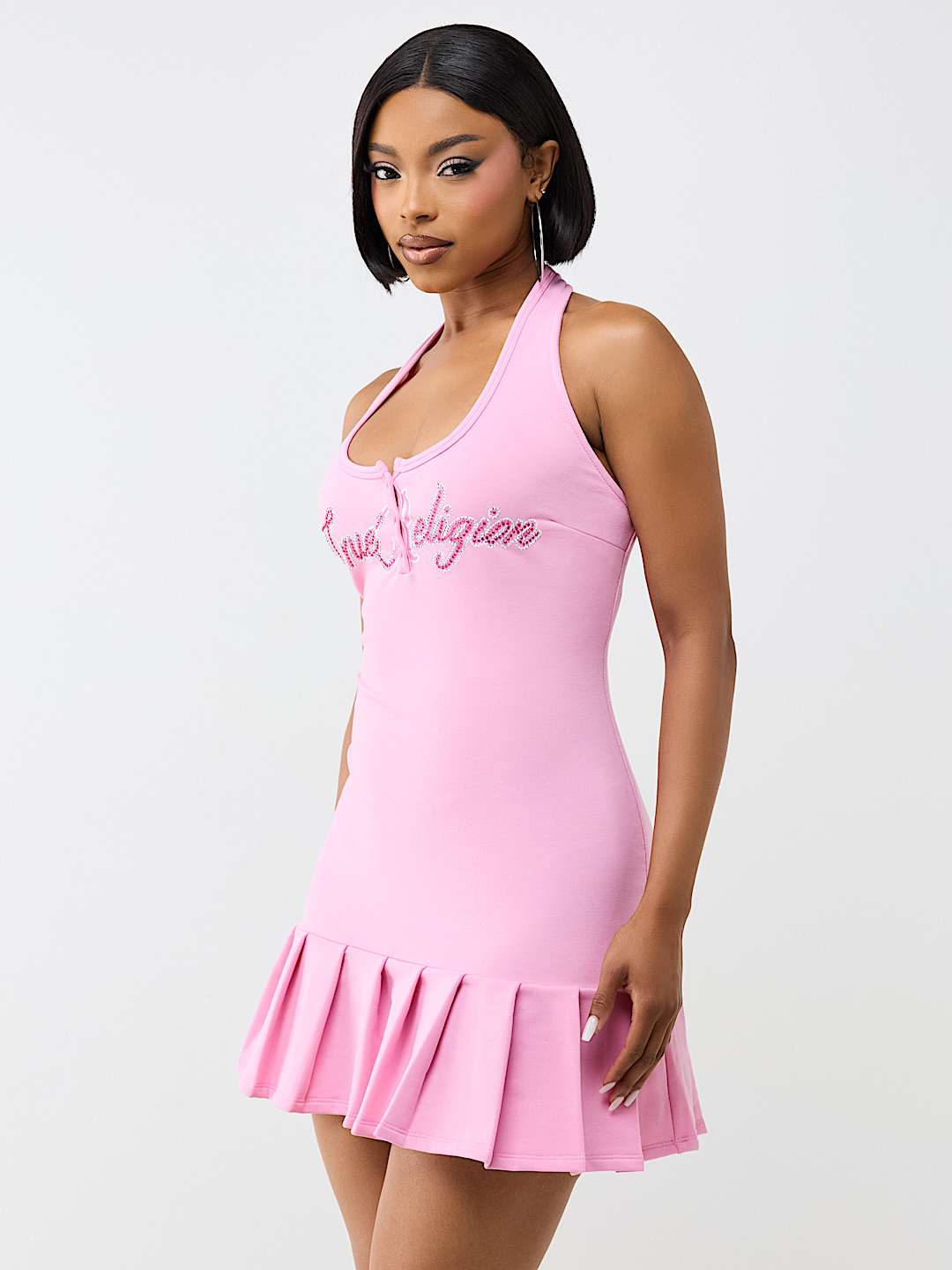 LOGO PLEATED MINI DRESS