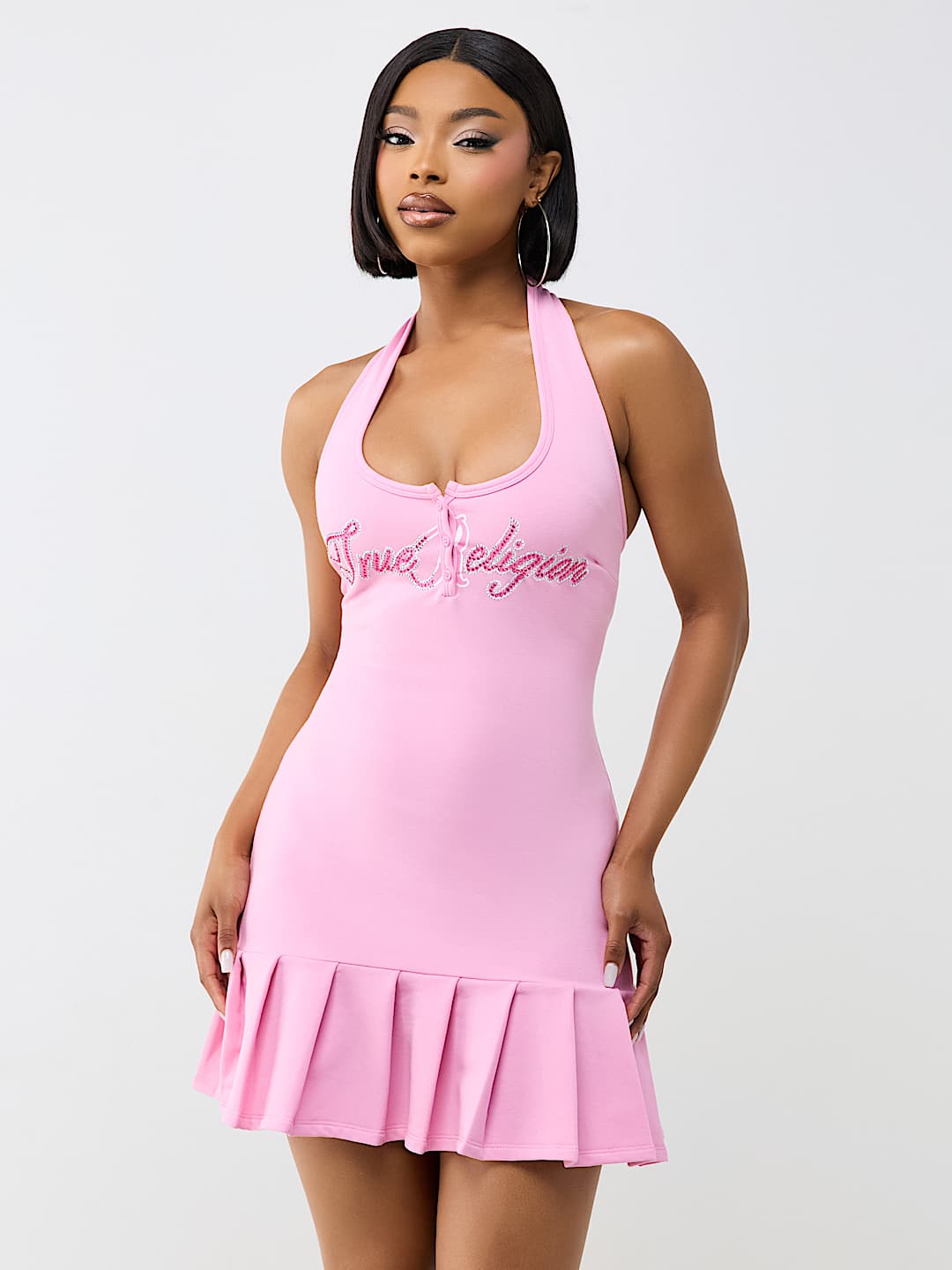 LOGO PLEATED MINI DRESS
