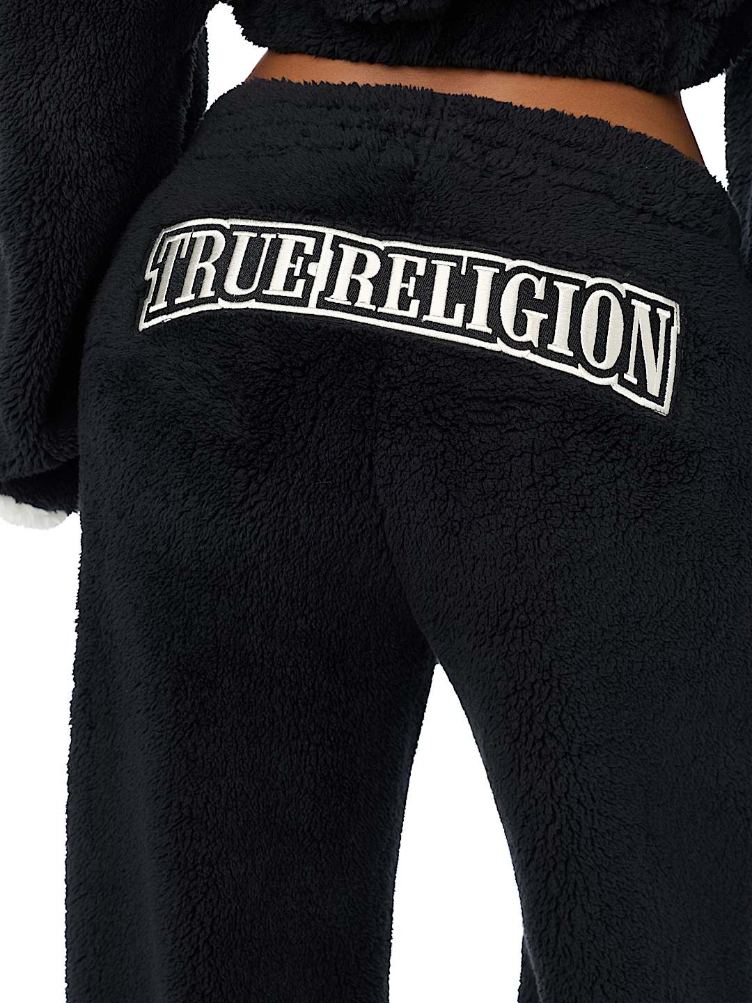 EMBROIDERED SHERPA MID RISE STRAIGHT LEG SWEATPANT