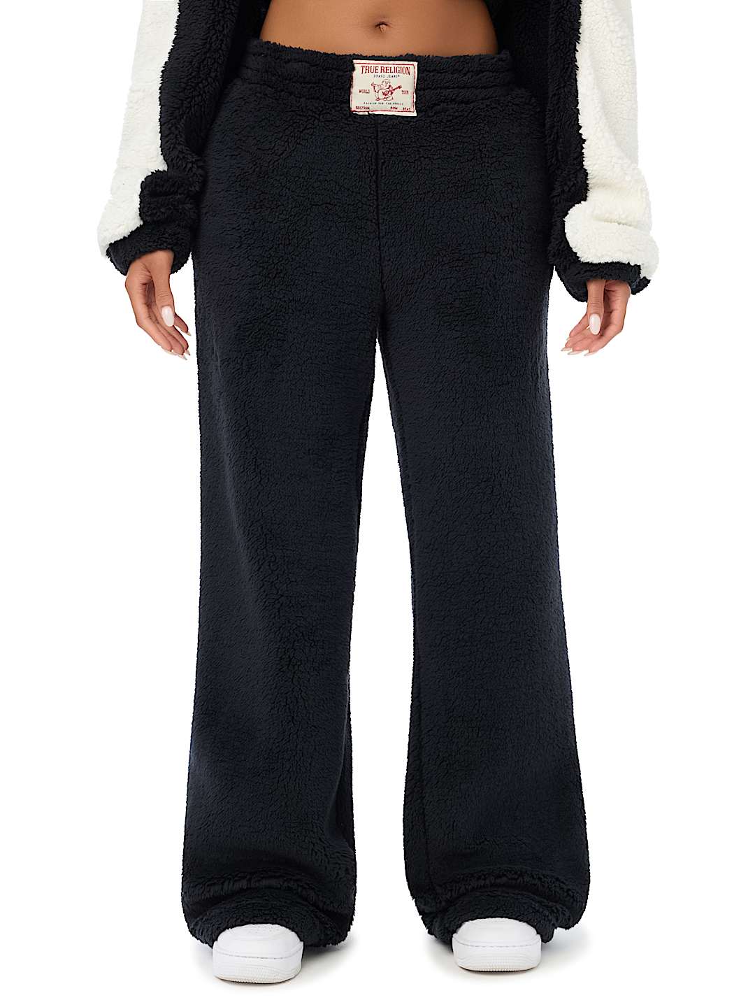 EMBROIDERED SHERPA MID RISE STRAIGHT LEG SWEATPANT