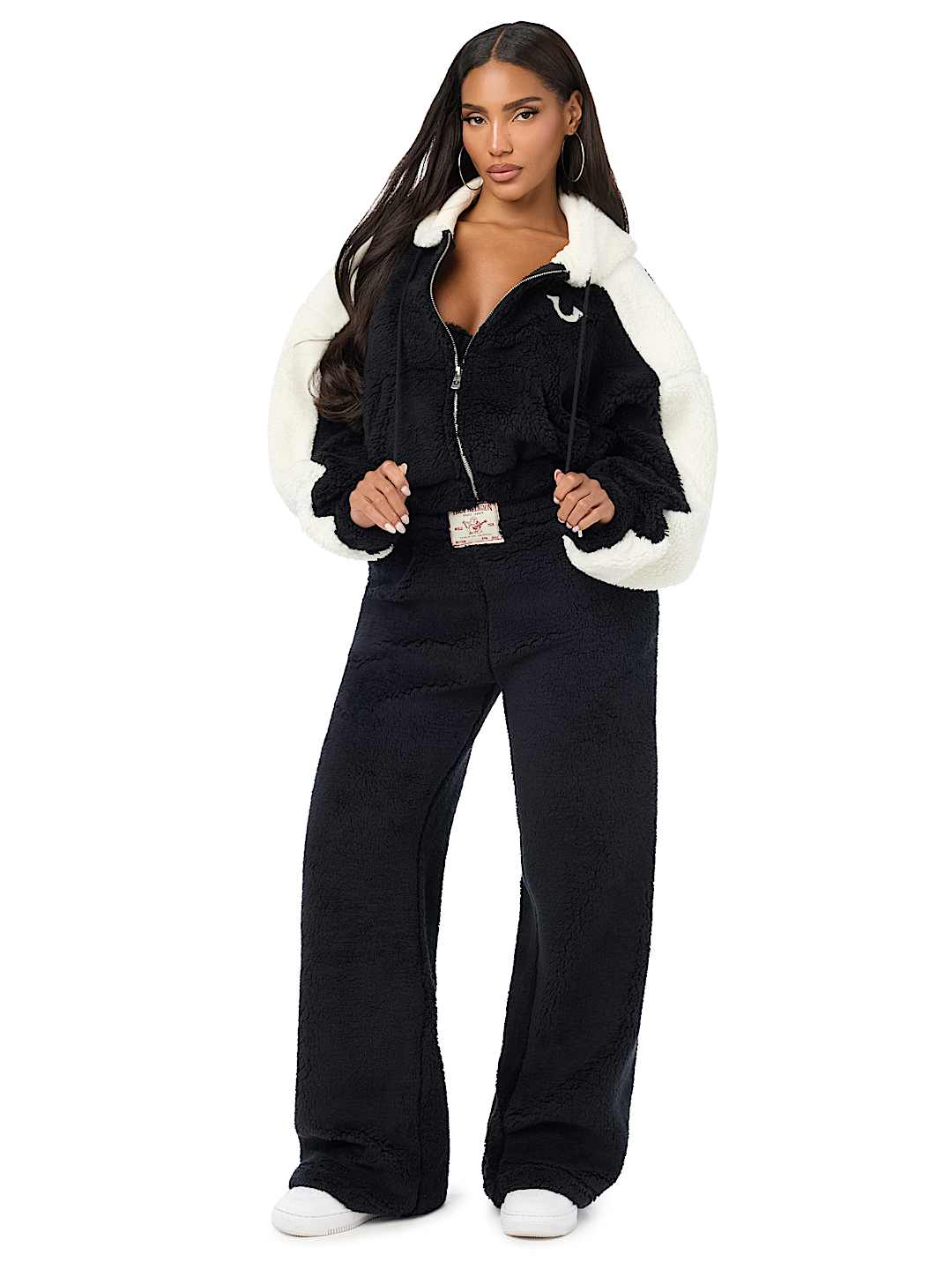 EMBROIDERED SHERPA MID RISE STRAIGHT LEG SWEATPANT