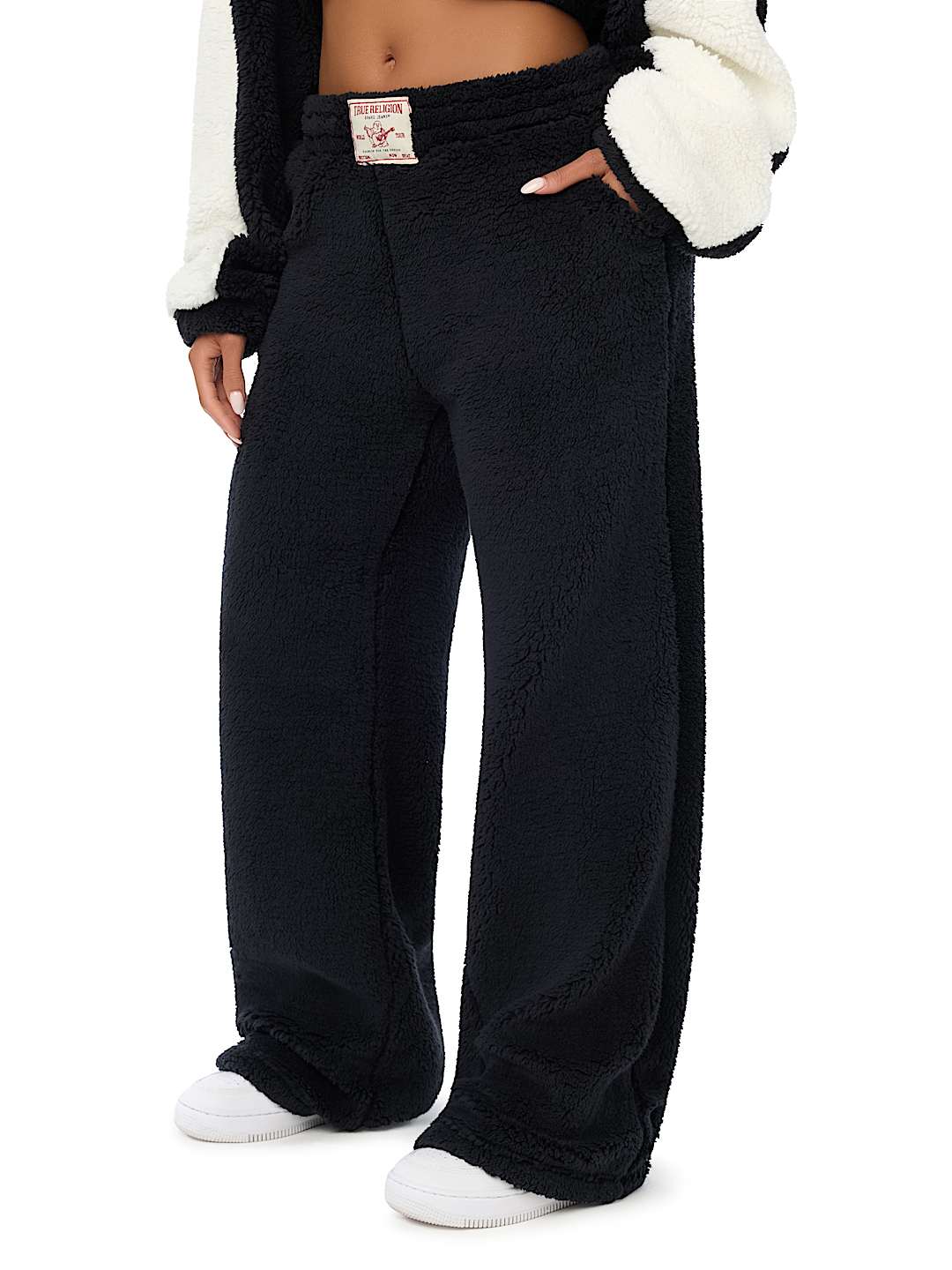 EMBROIDERED SHERPA MID RISE STRAIGHT LEG SWEATPANT