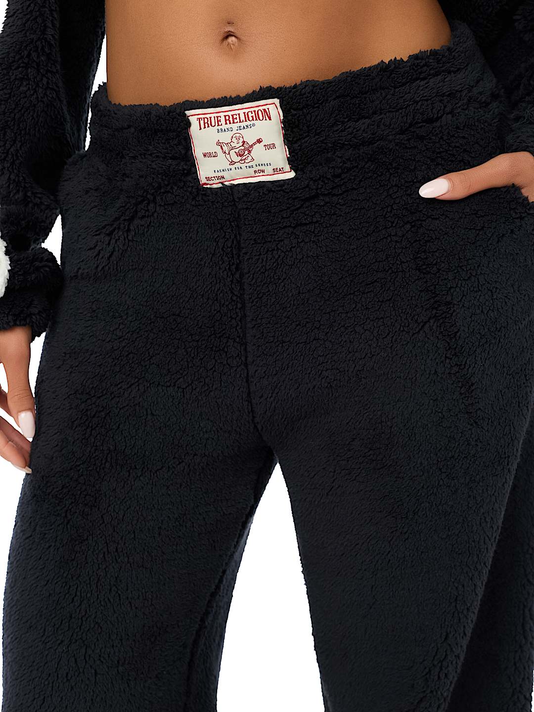 EMBROIDERED SHERPA MID RISE STRAIGHT LEG SWEATPANT