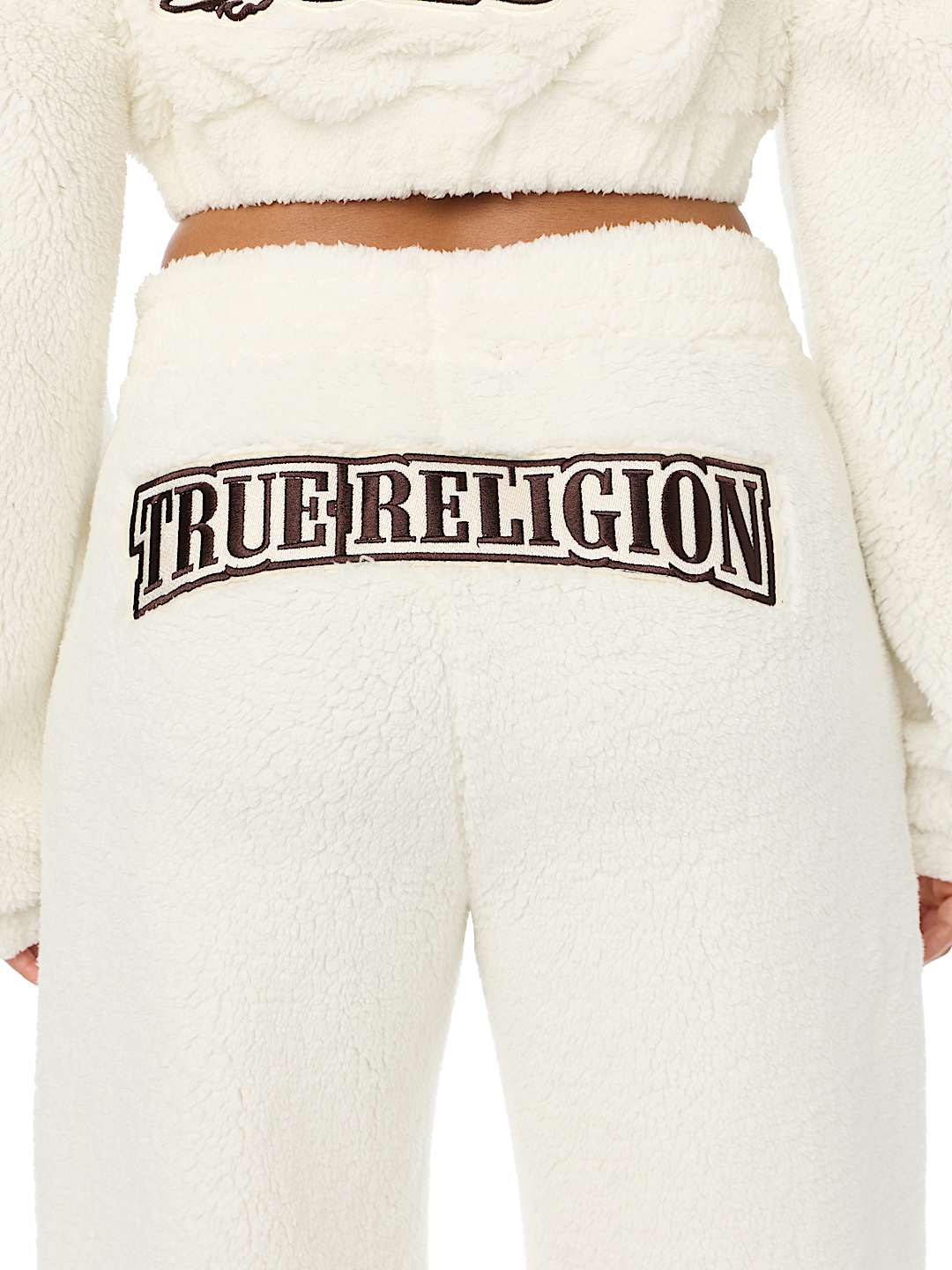 EMBROIDERED SHERPA MID RISE STRAIGHT LEG SWEATPANT