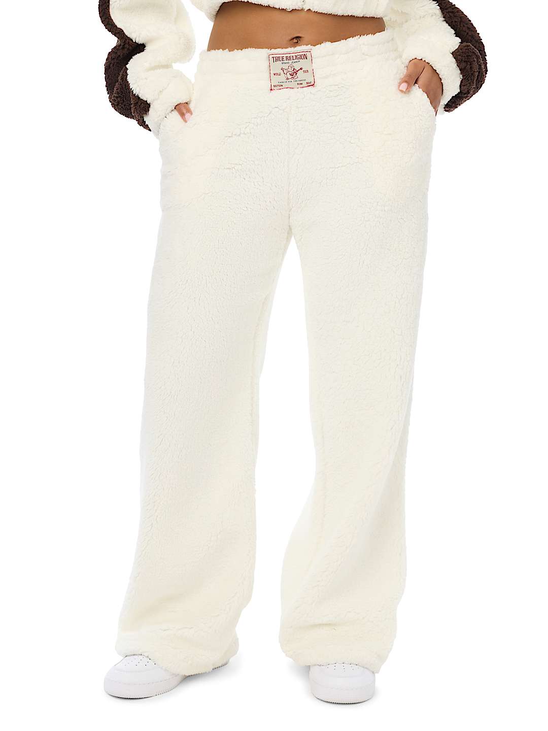 EMBROIDERED SHERPA MID RISE STRAIGHT LEG SWEATPANT