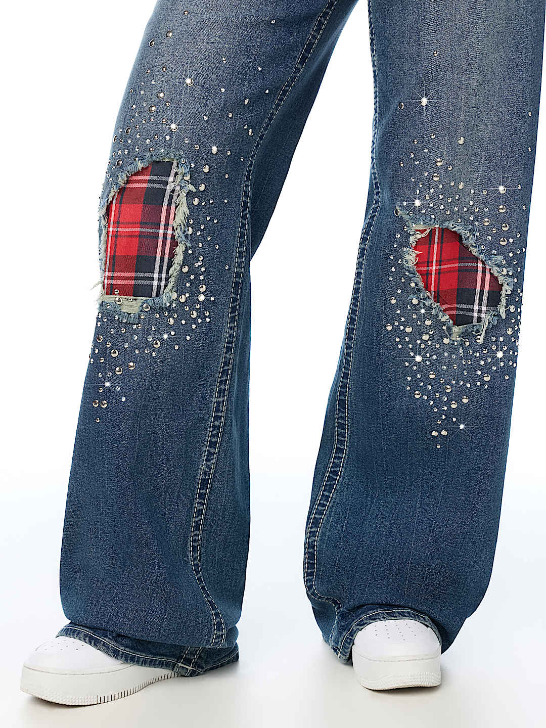 BOBBI MID RISE CRYSTAL PLAID BIG T FLAP BAGGY JEAN