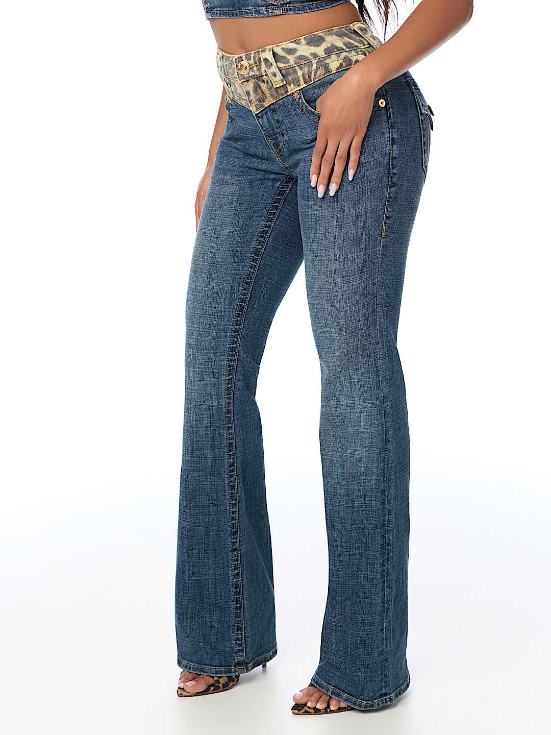 BECCA MID RISE LEOPARD BLOCK FLAP BOOTCUT JEAN