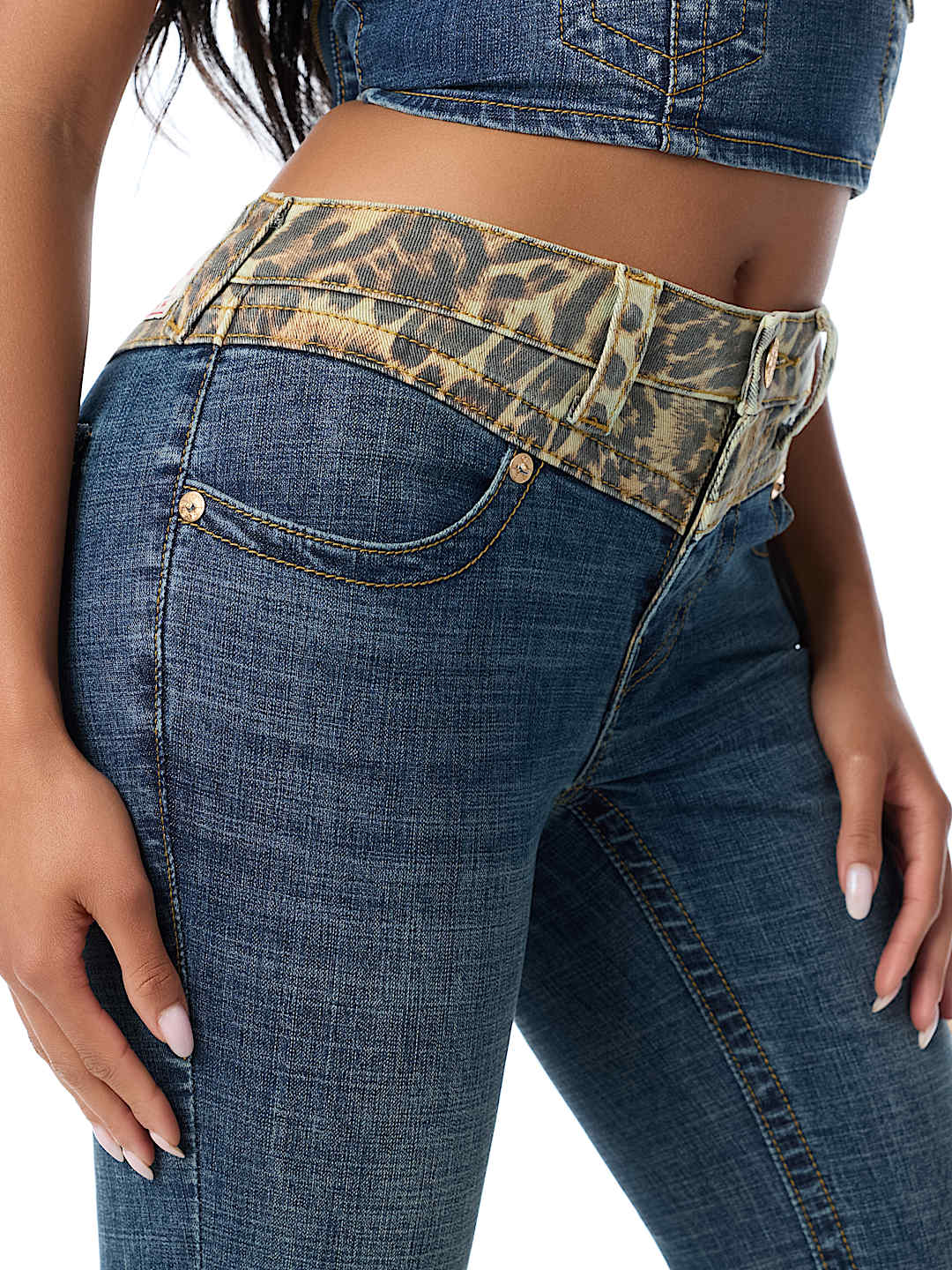 BECCA MID RISE LEOPARD BLOCK FLAP BOOTCUT JEAN