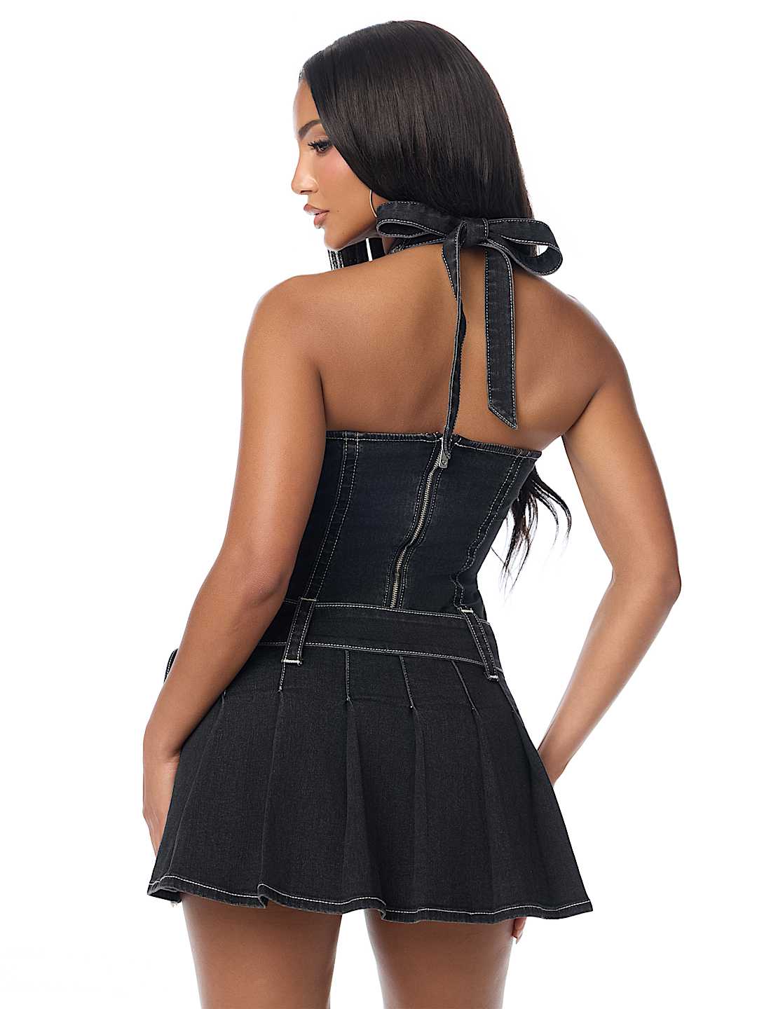 LOW PLUNGE PLEATED DENIM DRESS