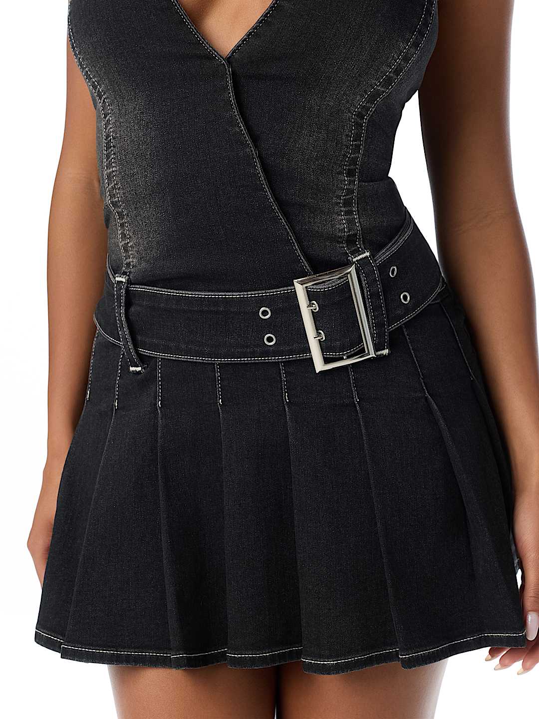 LOW PLUNGE PLEATED DENIM DRESS