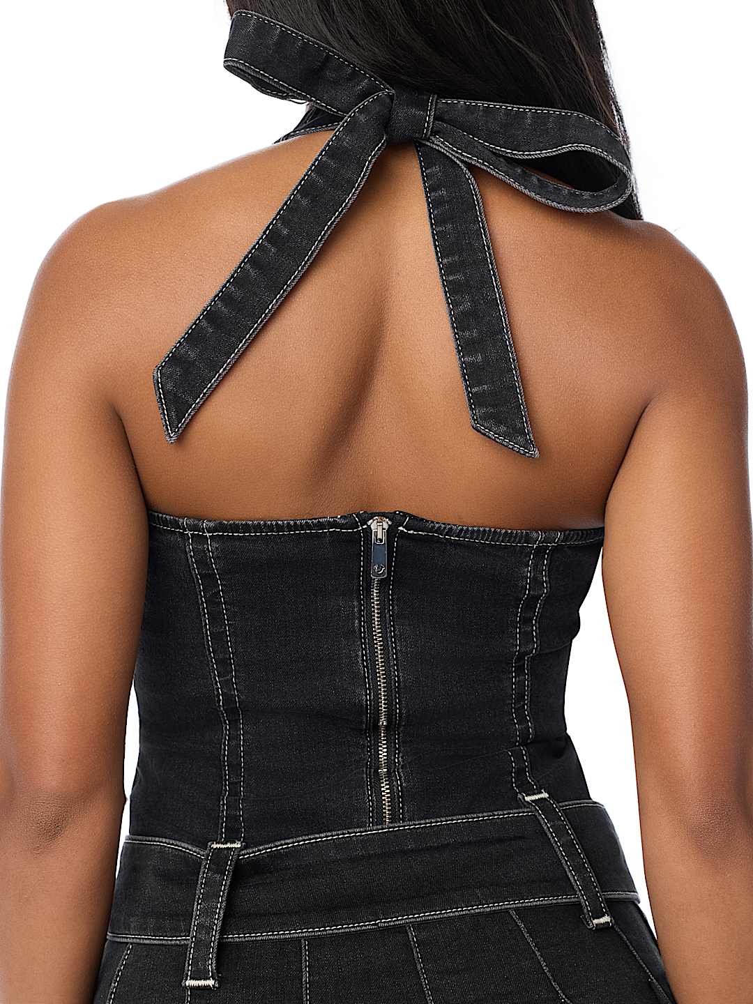 LOW PLUNGE PLEATED DENIM DRESS