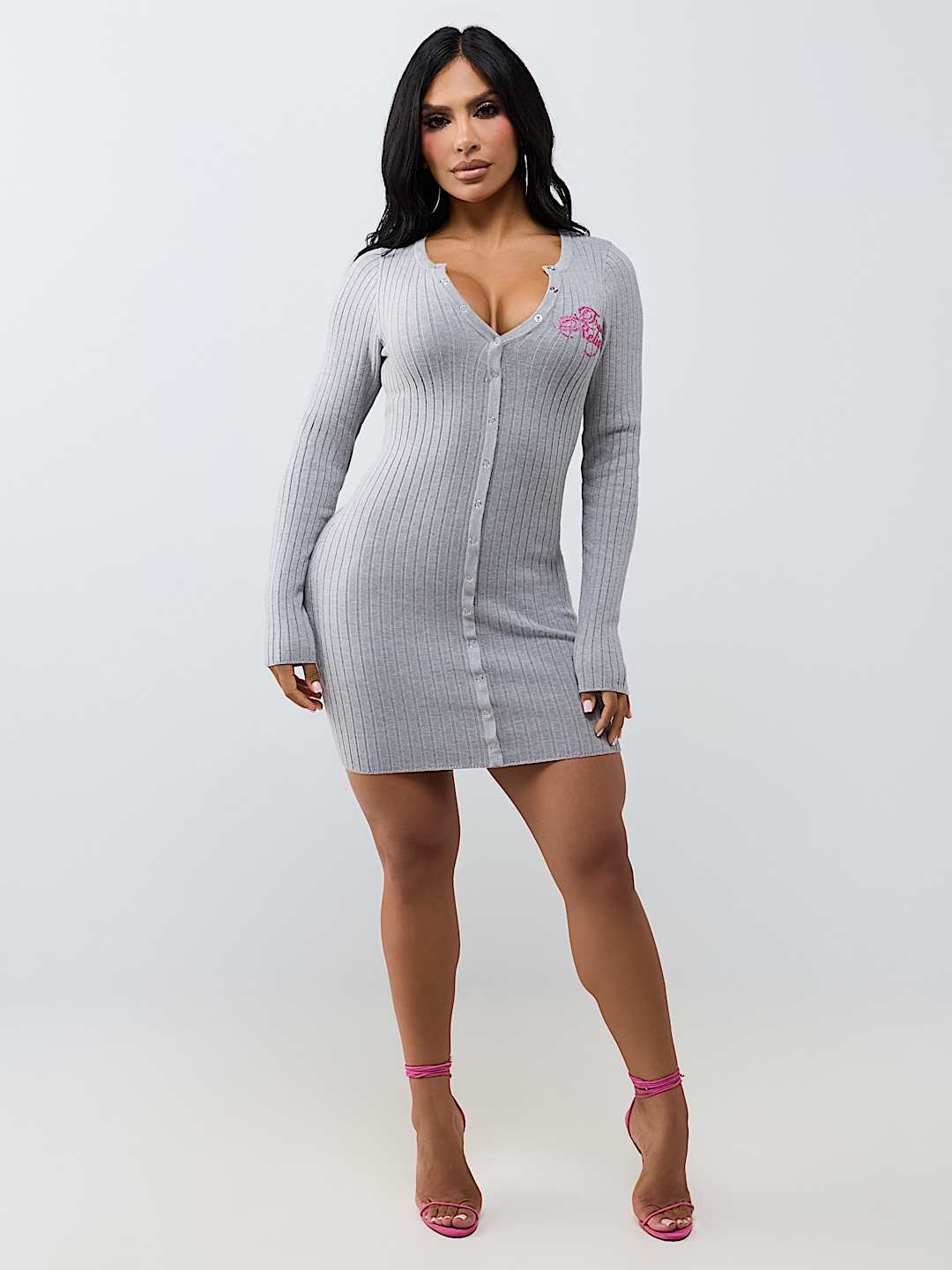 EMBROIDERED BUTTON-DOWN SWEATER MINI DRESS