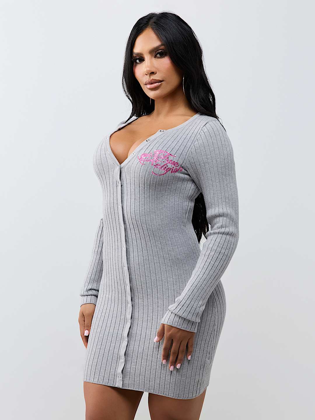EMBROIDERED BUTTON-DOWN SWEATER MINI DRESS