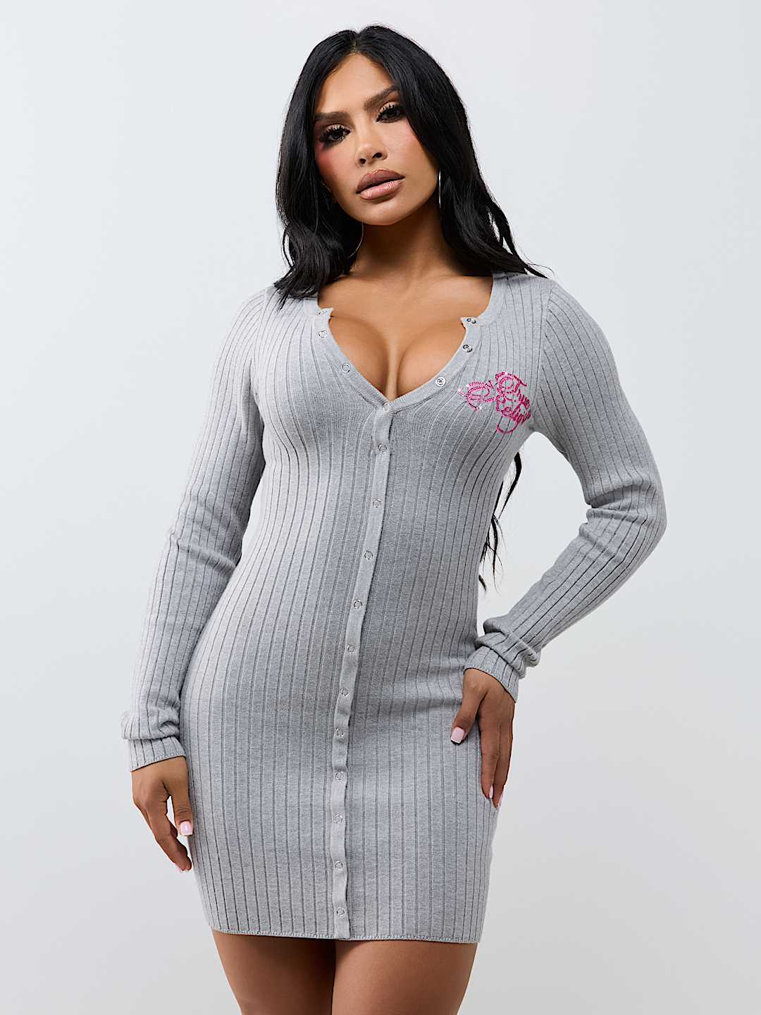 EMBROIDERED BUTTON-DOWN SWEATER MINI DRESS