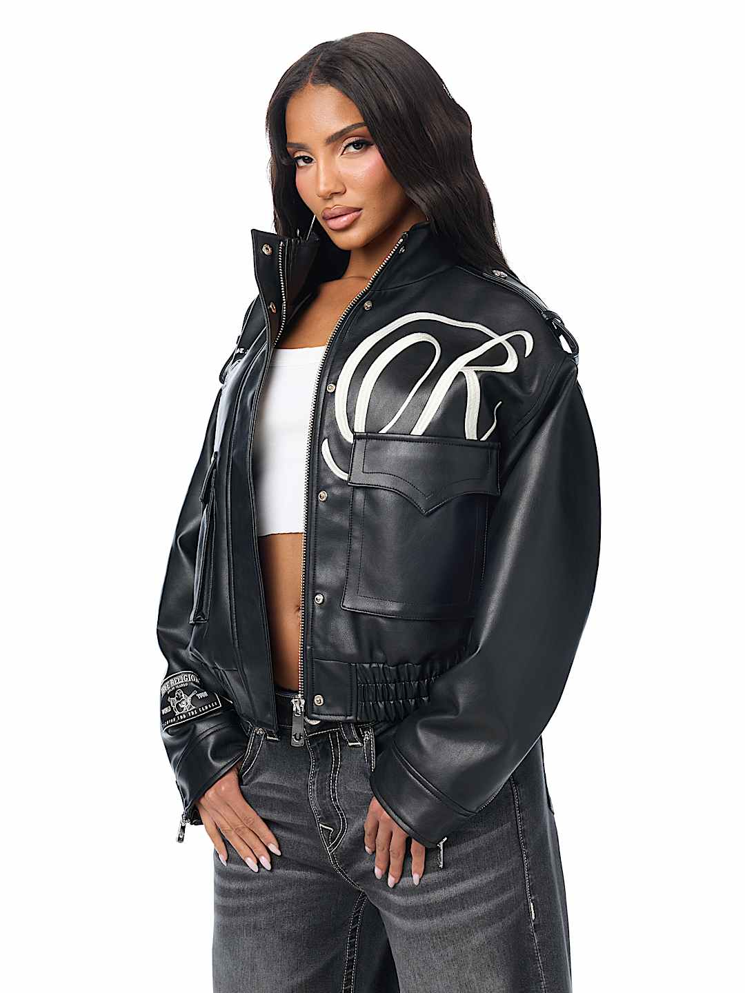 EMBROIDERED FAUX LEATHER JACKET