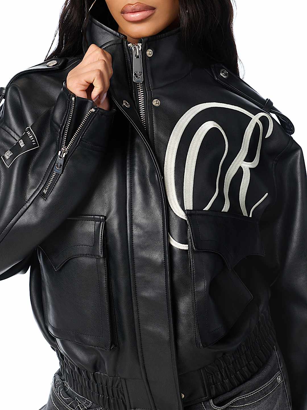 EMBROIDERED FAUX LEATHER JACKET