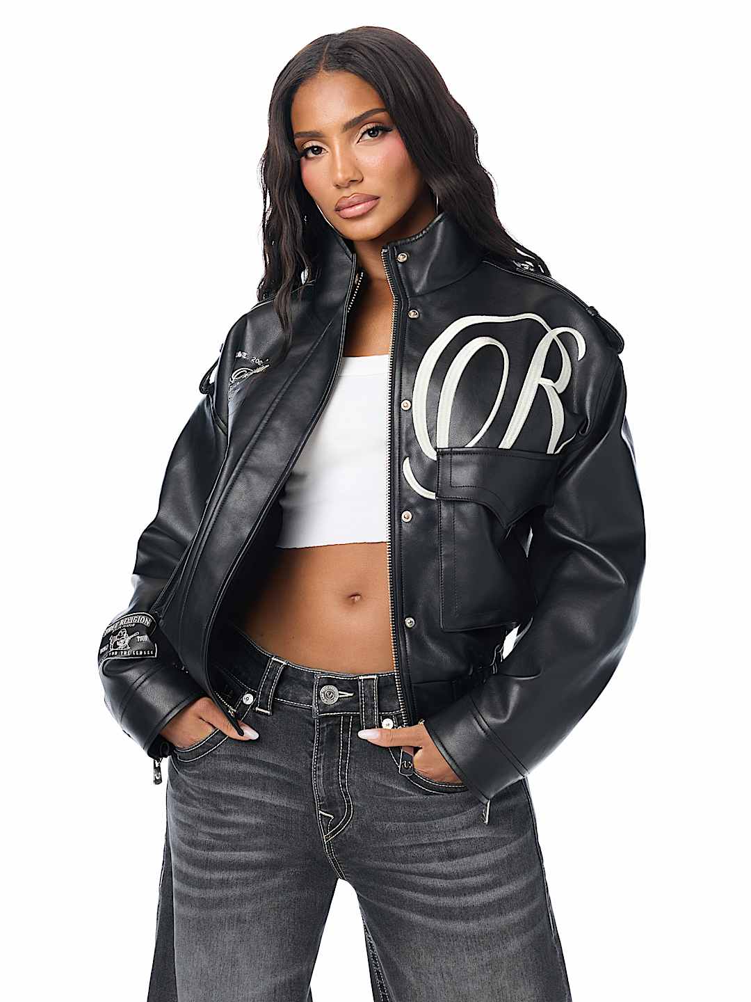 EMBROIDERED FAUX LEATHER JACKET