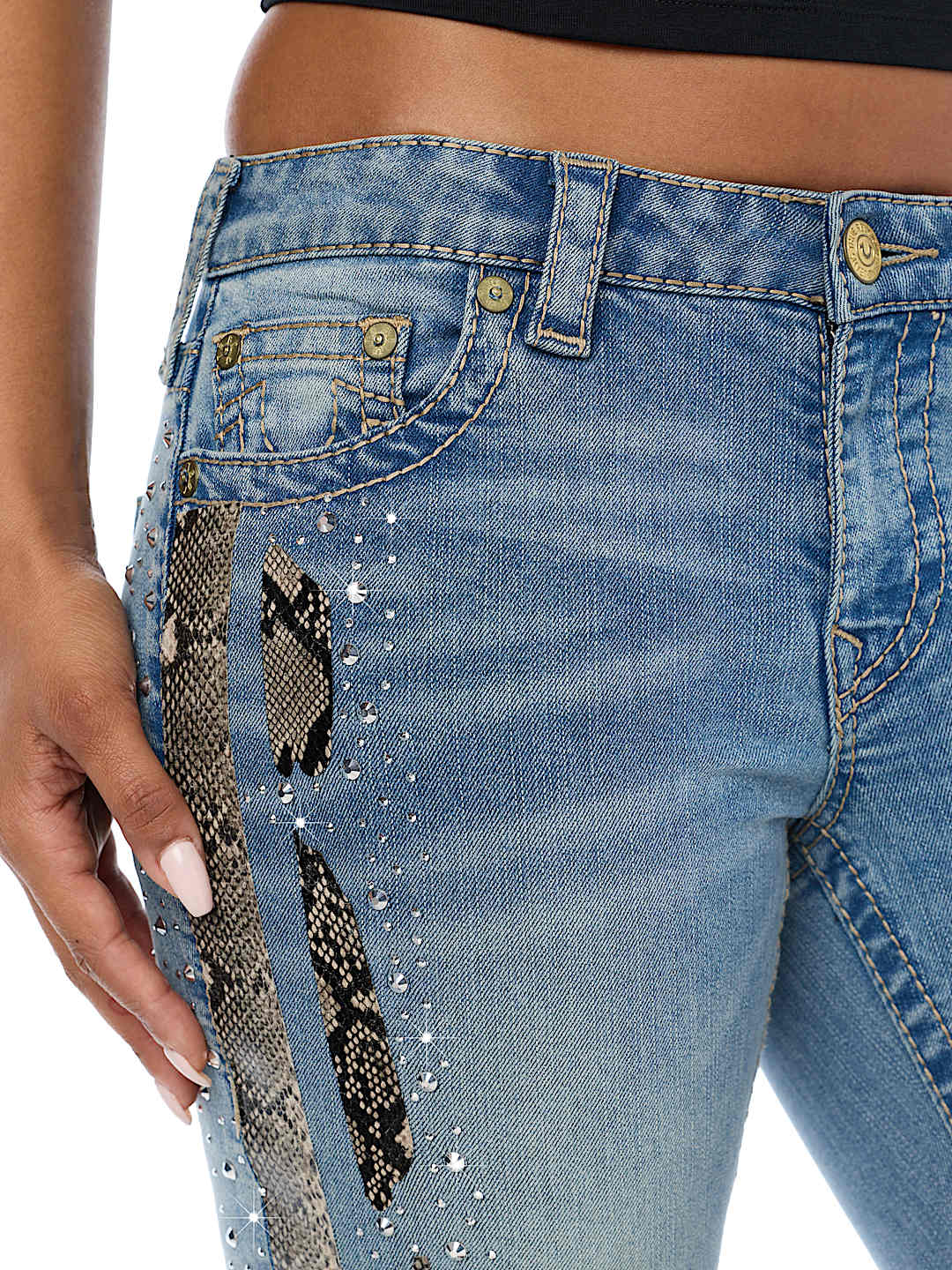 BECCA MID RISE SNAKESKIN BIG T BOOTCUT JEAN