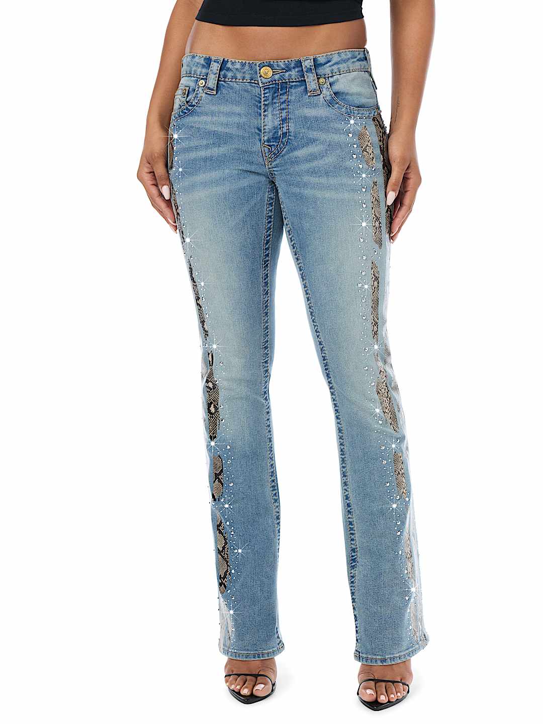 BECCA MID RISE SNAKESKIN BIG T BOOTCUT JEAN