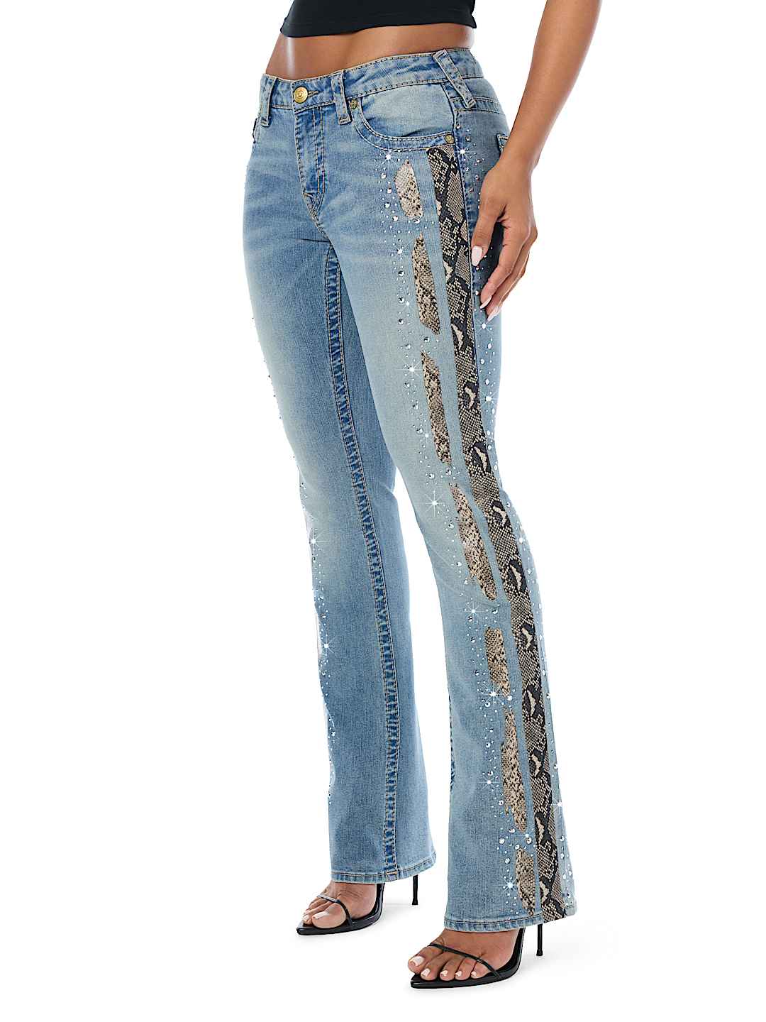 BECCA MID RISE SNAKESKIN BIG T BOOTCUT JEAN