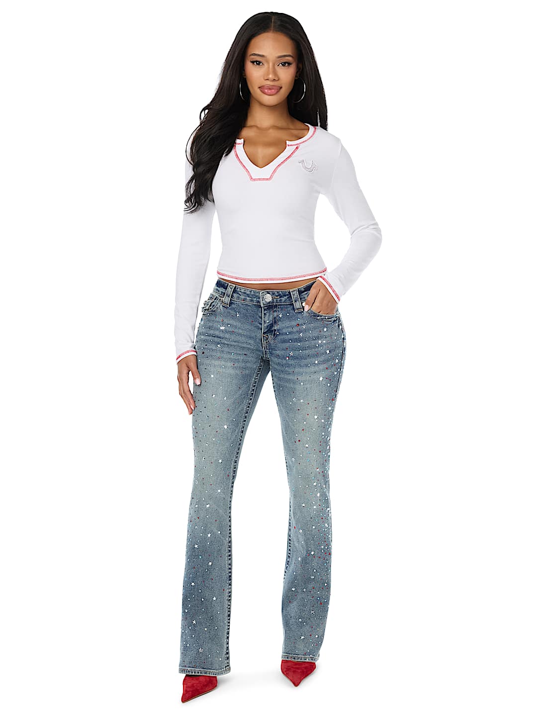 BECCA LOW RISE COLOR CRYSTAL FLAP BOOTCUT JEAN
