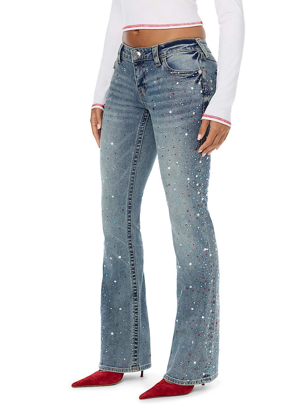 BECCA LOW RISE COLOR CRYSTAL FLAP BOOTCUT JEAN
