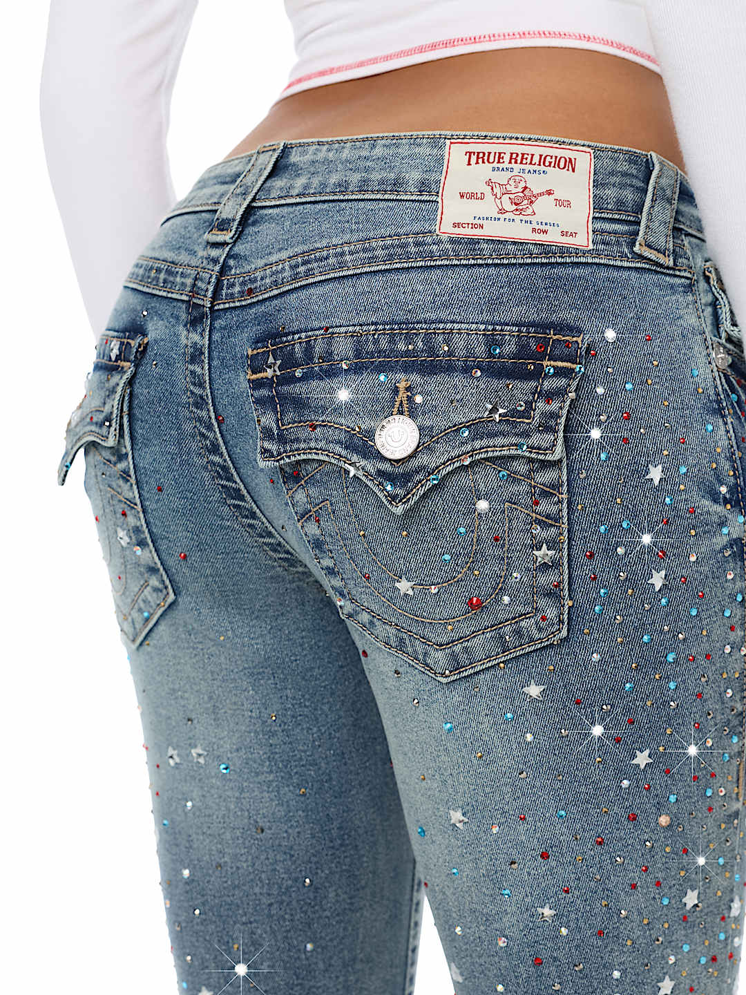 BECCA LOW RISE COLOR CRYSTAL FLAP BOOTCUT JEAN