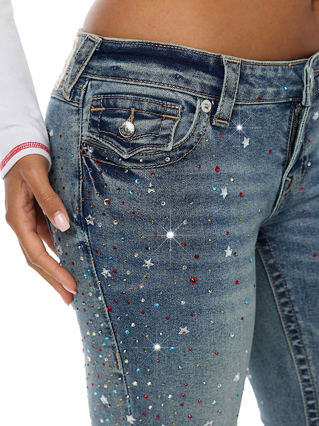 BECCA LOW RISE COLOR CRYSTAL FLAP BOOTCUT JEAN