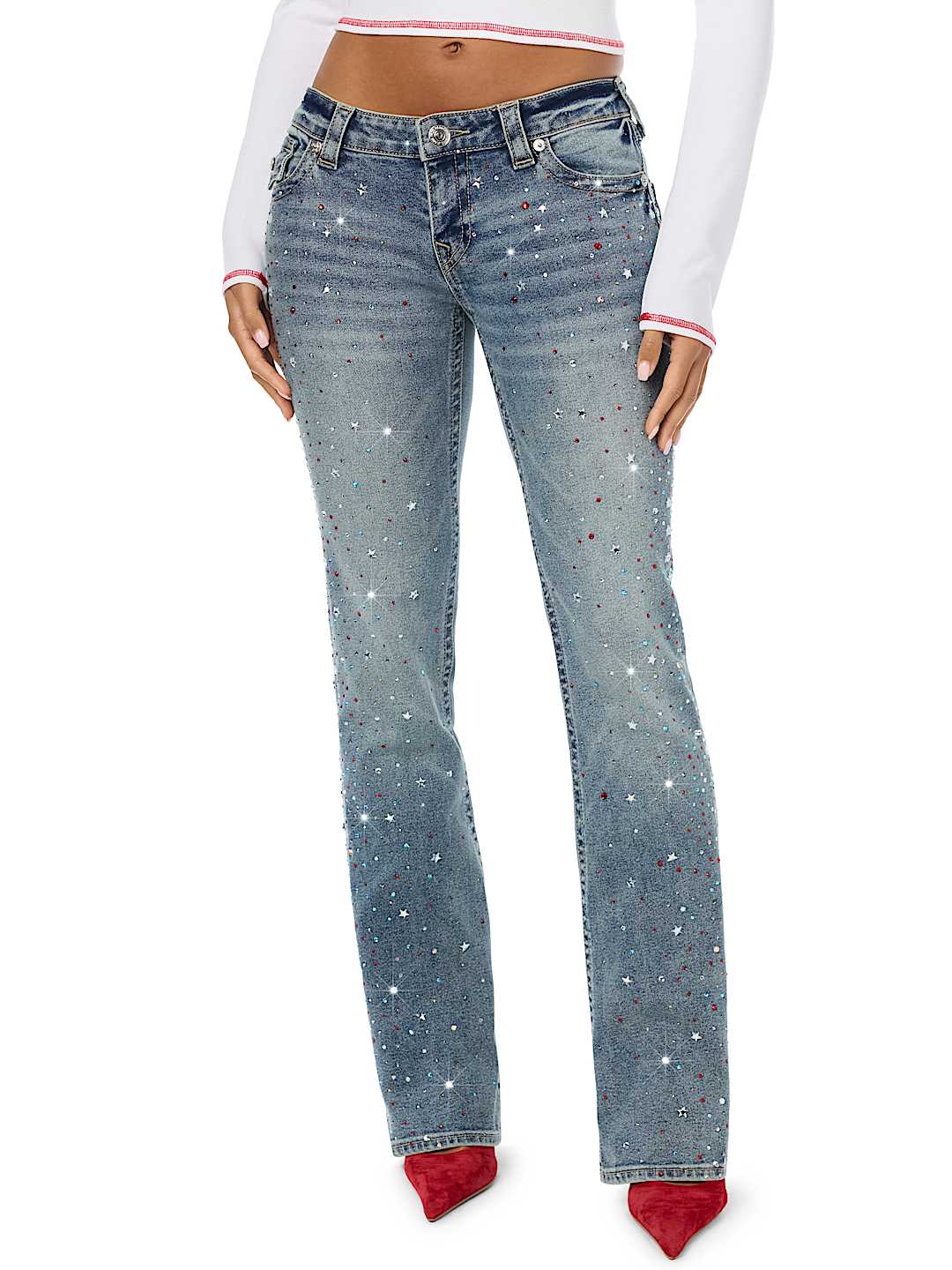 BECCA LOW RISE COLOR CRYSTAL FLAP BOOTCUT JEAN