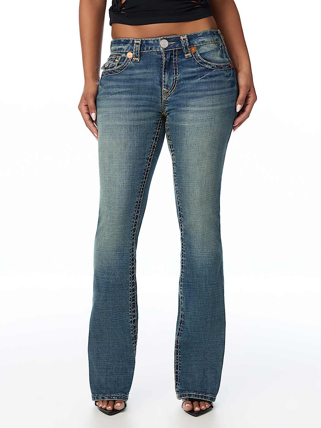 BECCA MID RISE SUPER T FAUX LEATHER HORSESHOE FLAP BOOTCUT JEAN
