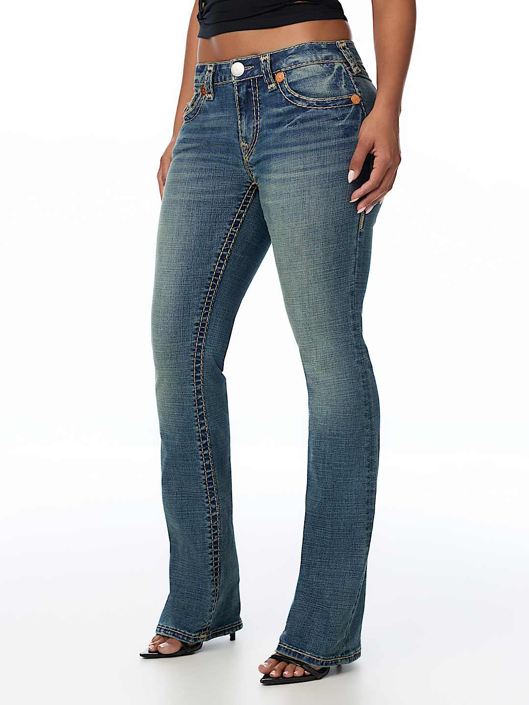 BECCA MID RISE SUPER T FAUX LEATHER HORSESHOE FLAP BOOTCUT JEAN