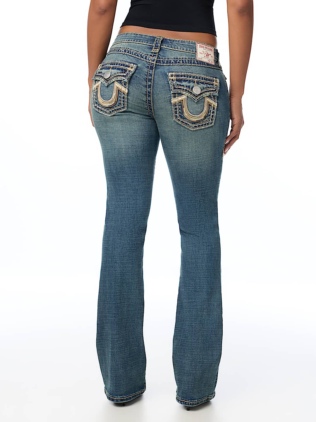 BECCA MID RISE SUPER T FAUX LEATHER HORSESHOE FLAP BOOTCUT JEAN
