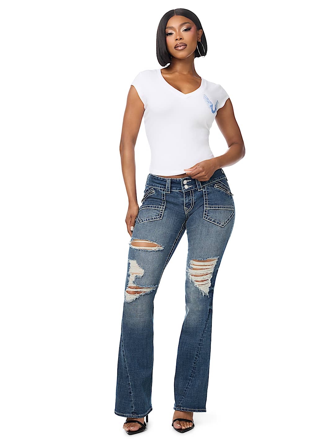 JOEY LOW RISE  DESTROYED ZIPPER POCKET BIG T FLAP FLARE JEAN