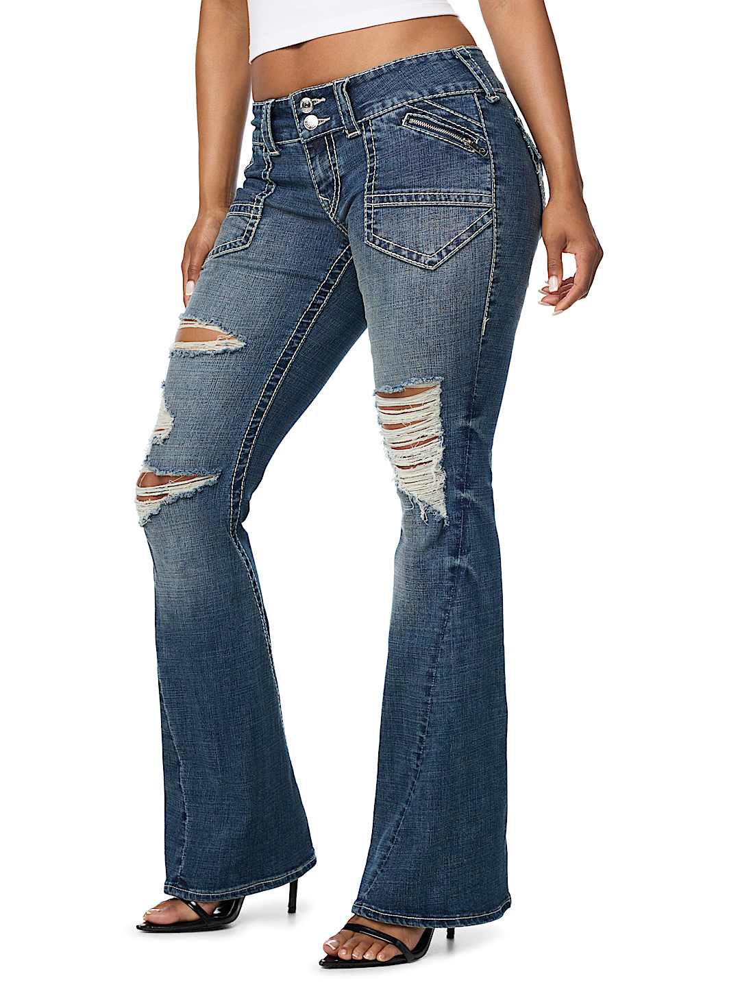 JOEY LOW RISE  DESTROYED ZIPPER POCKET BIG T FLAP FLARE JEAN