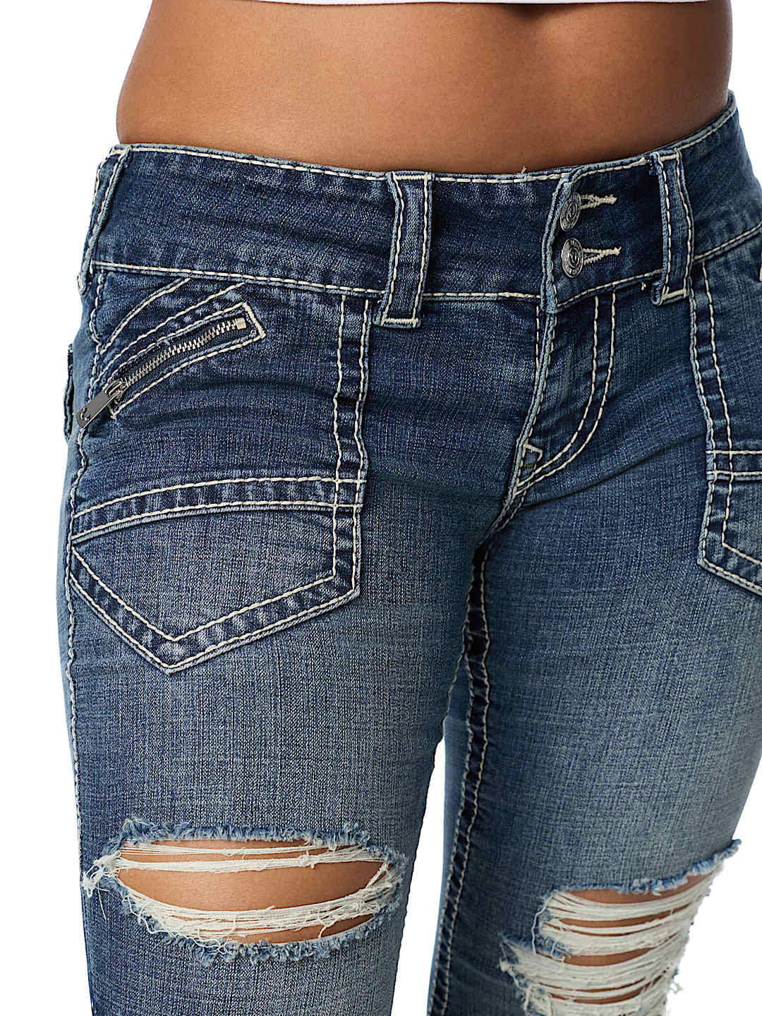 JOEY LOW RISE  DESTROYED ZIPPER POCKET BIG T FLAP FLARE JEAN