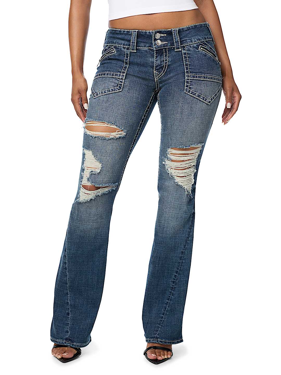 JOEY LOW RISE  DESTROYED ZIPPER POCKET BIG T FLAP FLARE JEAN