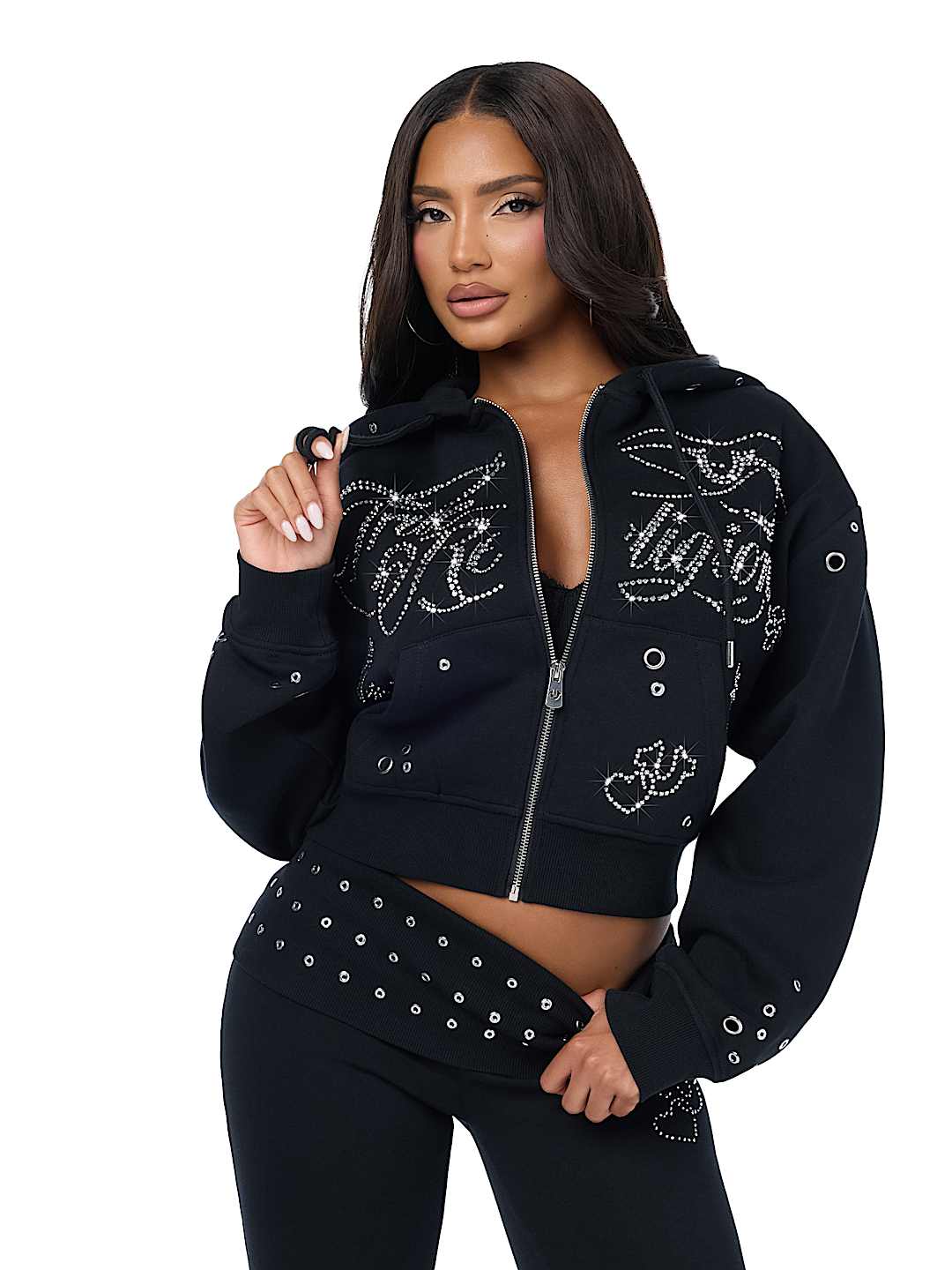 EYELET RELAXED ZIP-UP HOODIE